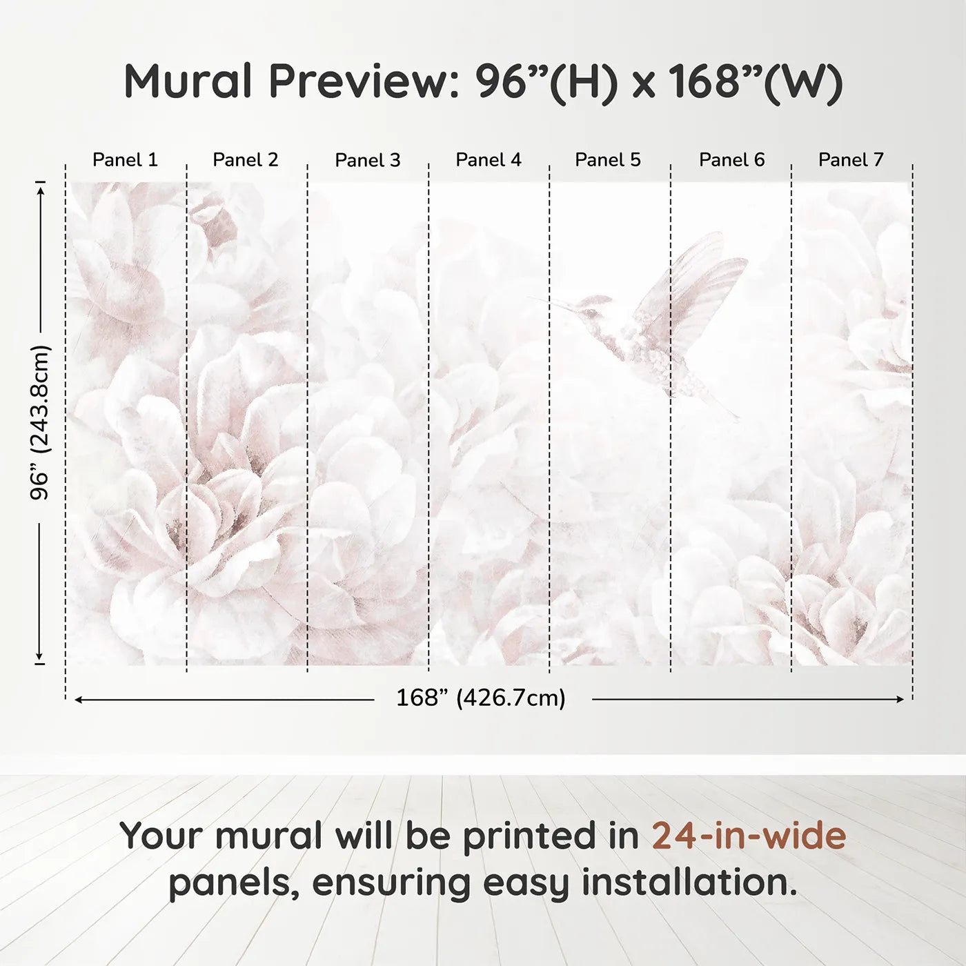 Whimsy Tots Hummingbird Peony Dream Wall Muraldimension view (96" H x 168" W). Printed in seven 24-inch-wide panels. Best for Girls