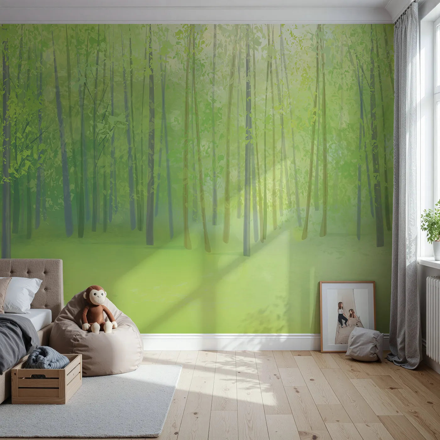 Front view of Whimsy Tots' Sunlit Spring Forest Wall Mural