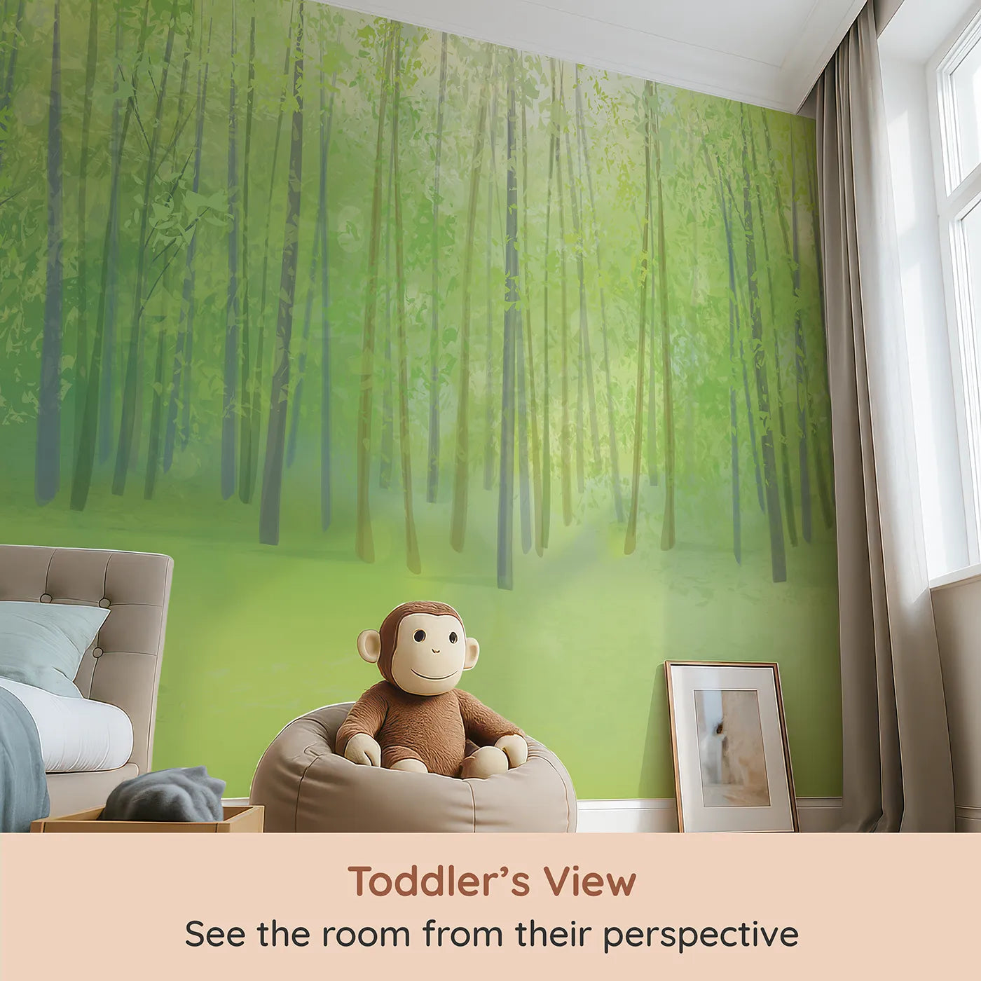 Whimsy Tots Sunlit Spring Forest Wall Mural (Turn Their Room into a Bright and Cheerful Woodland) from your child's view.Gender-Neutral