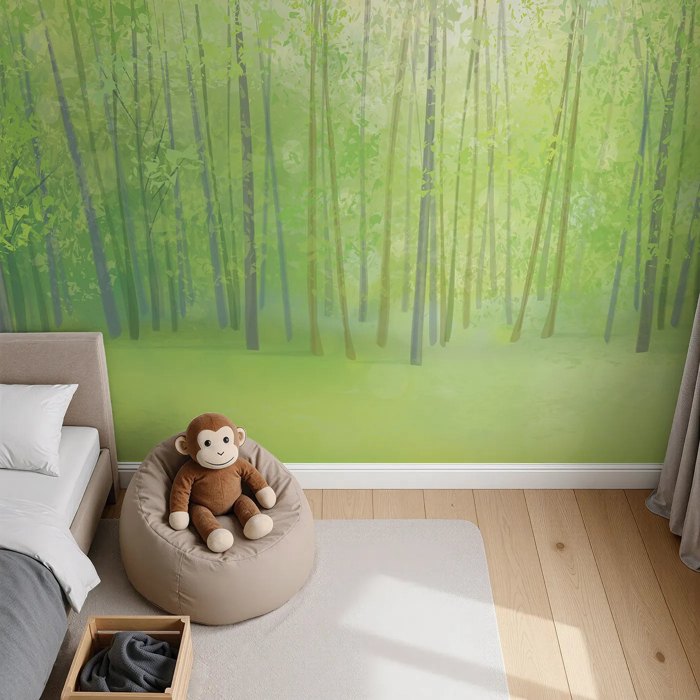 Top-down view of Whimsy Tots' Sunlit Spring Forest Wall Mural (Turn Their Room into a Bright and Cheerful Woodland).Gender-Neutral