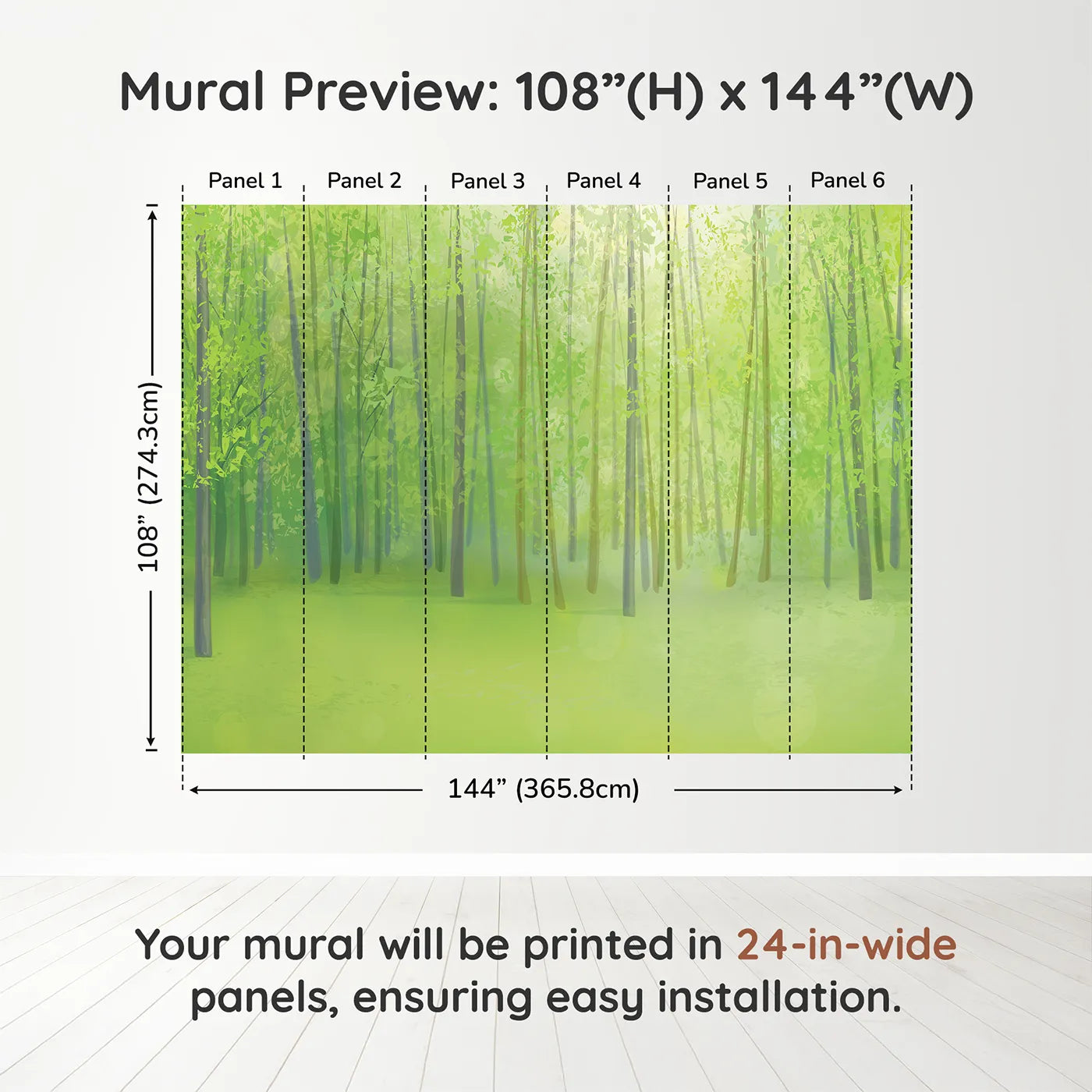 Whimsy Tots Sunlit Spring Forest Wall Muraldimension view (108" H x 144" W). Printed in six 24-inch-wide panels. Gender-Neutral