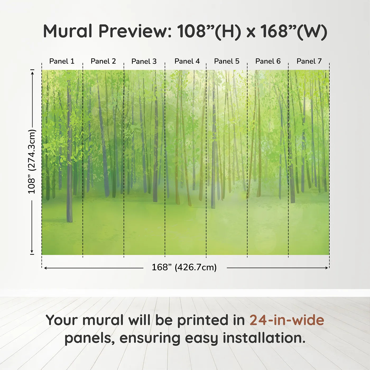 Whimsy Tots Sunlit Spring Forest Wall Muraldimension view (108" H x 168" W). Printed in seven 24-inch-wide panels. Gender-Neutral