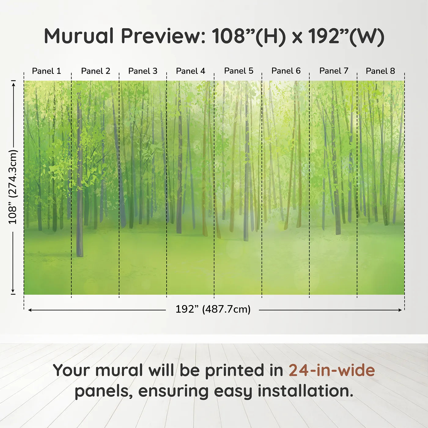 Whimsy Tots Sunlit Spring Forest Wall Muraldimension view (108" H x 192" W). Printed in eight 24-inch-wide panels. Gender-Neutral