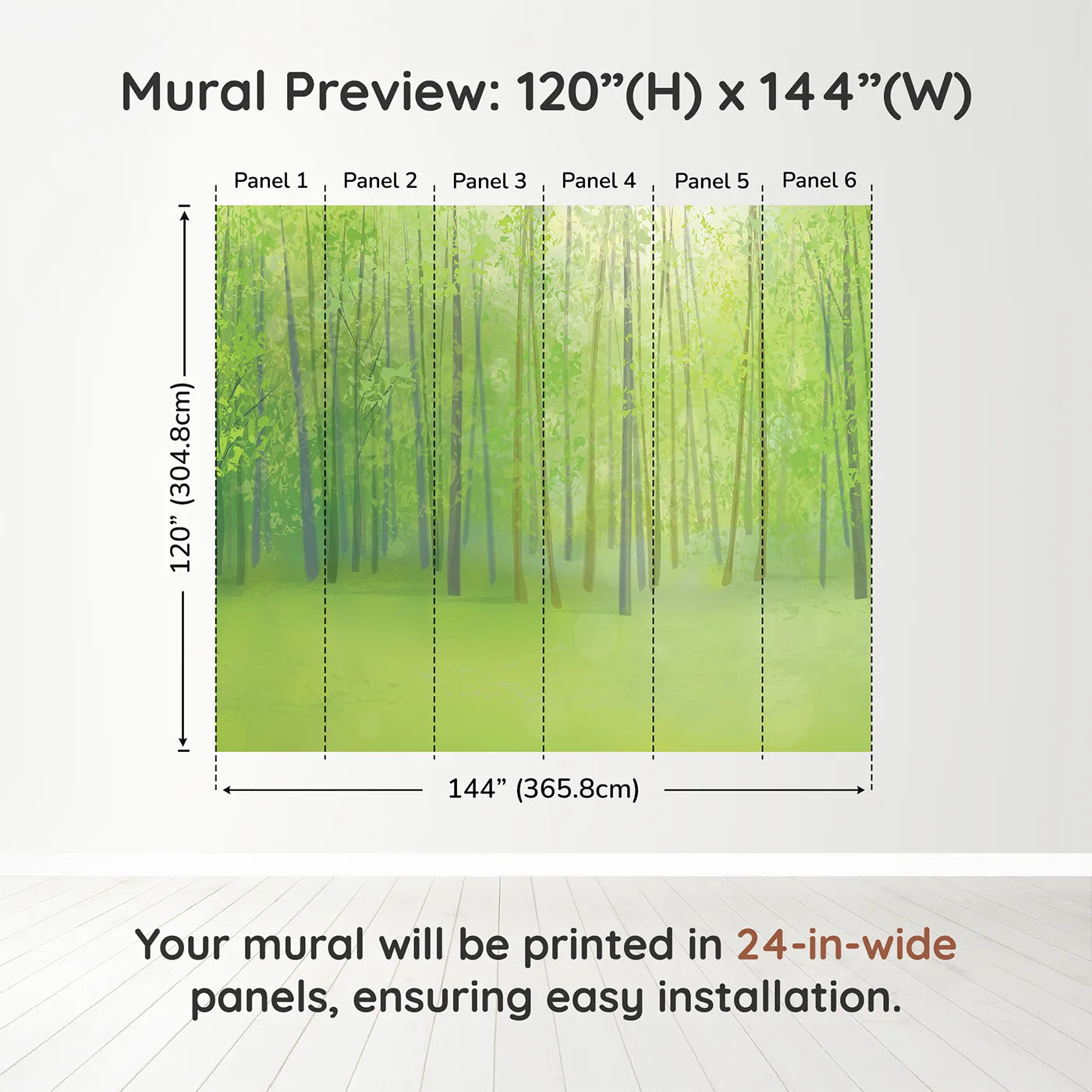 Whimsy Tots Sunlit Spring Forest Wall Muraldimension view (120" H x 144" W). Printed in six 24-inch-wide panels. Gender-Neutral