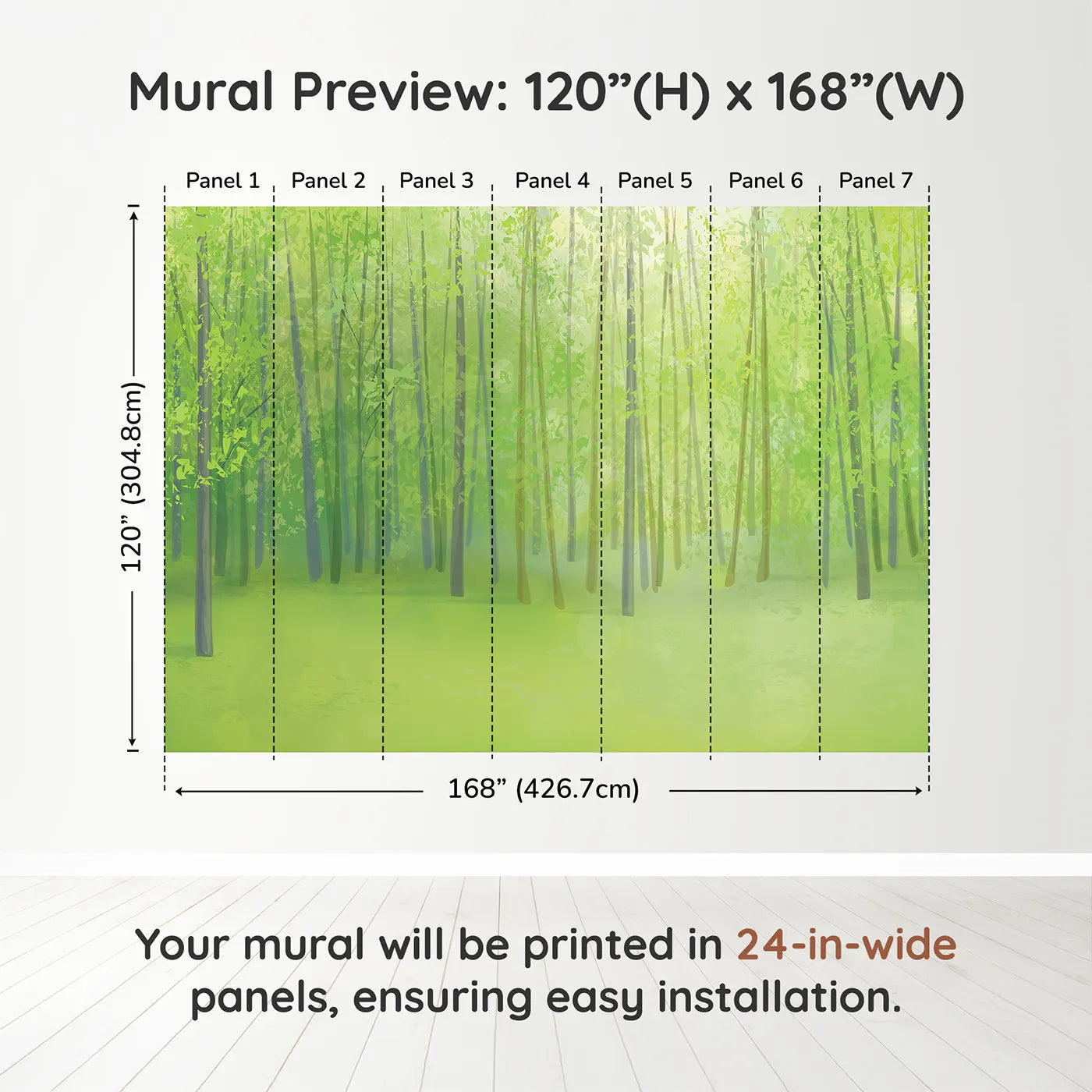 Whimsy Tots Sunlit Spring Forest Wall Muraldimension view (120" H x 168" W). Printed in seven 24-inch-wide panels. Gender-Neutral