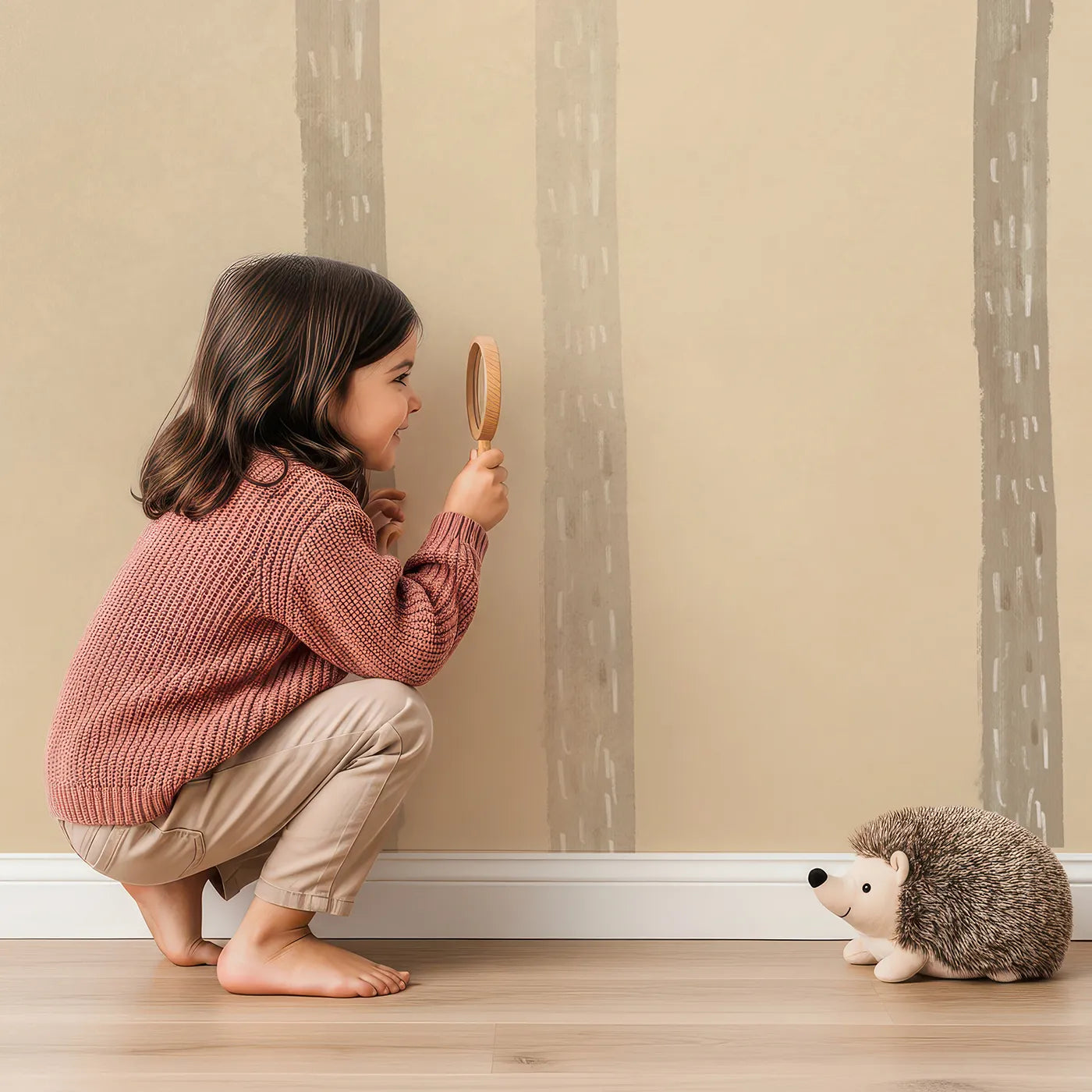 Child in front of Whimsy Tots Minimalist Palm Grove Wall Mural with palm tree, tropical, minimalist, modern, green, beige, simple, jungle in design.