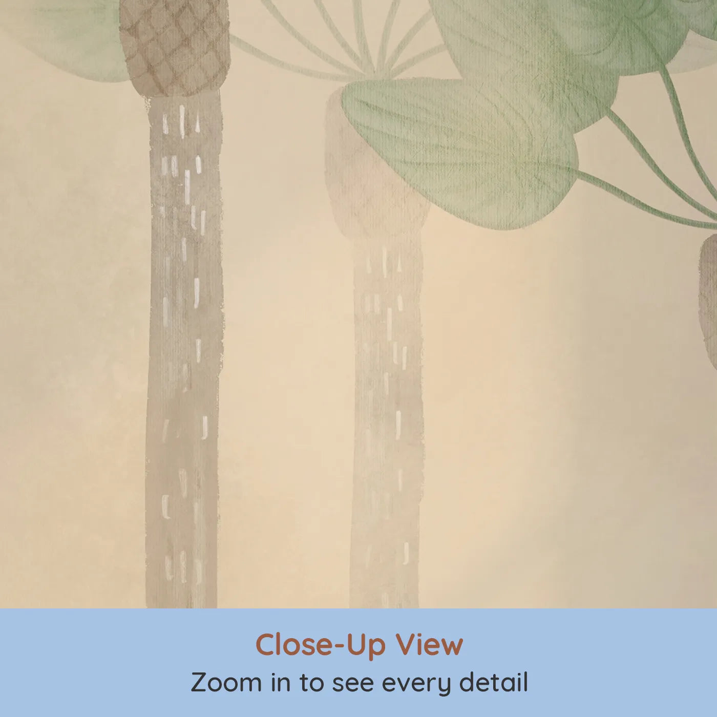 Close-up view of Whimsy Tots' Minimalist Palm Grove Wall Mural (Turn Their Room into a Chic and Gentle Tropical Escape).Gender-Neutral