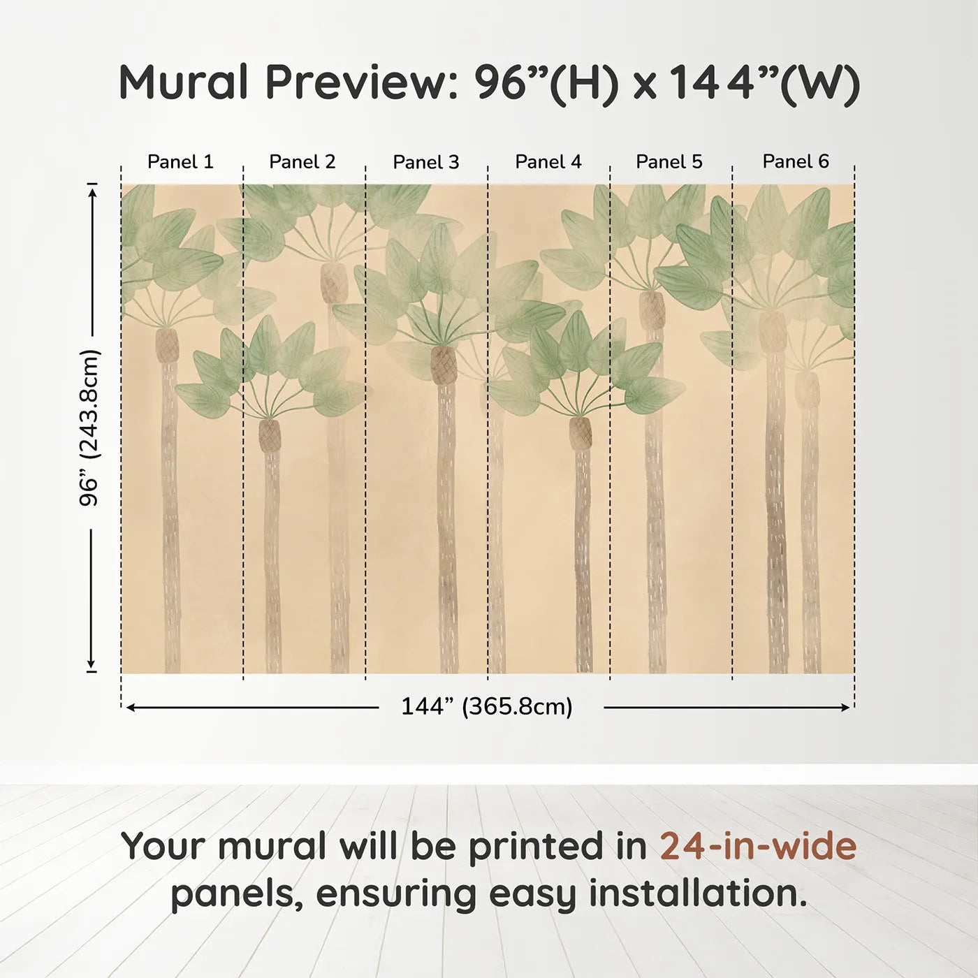 Whimsy Tots Minimalist Palm Grove Wall Muraldimension view (96" H x 144" W). Printed in six 24-inch-wide panels. Gender-Neutral