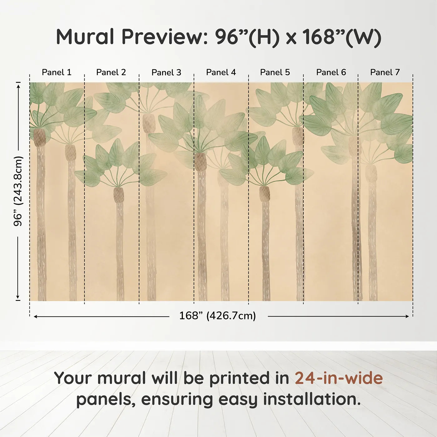 Whimsy Tots Minimalist Palm Grove Wall Muraldimension view (96" H x 168" W). Printed in seven 24-inch-wide panels. Gender-Neutral