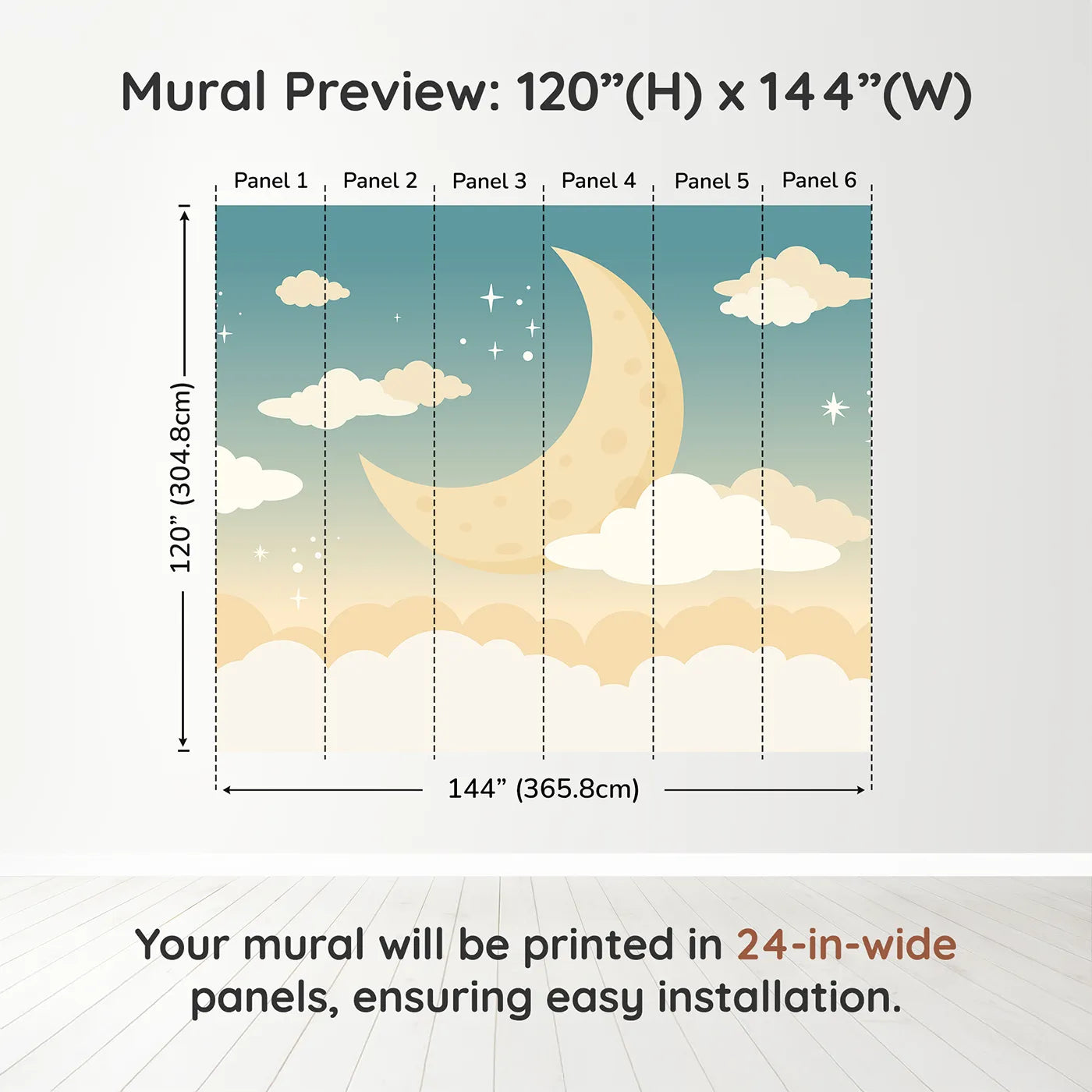 Whimsy Tots Night Sky Wall Muraldimension view (120" H x 144" W). Printed in six 24-inch-wide panels. Gender-Neutral