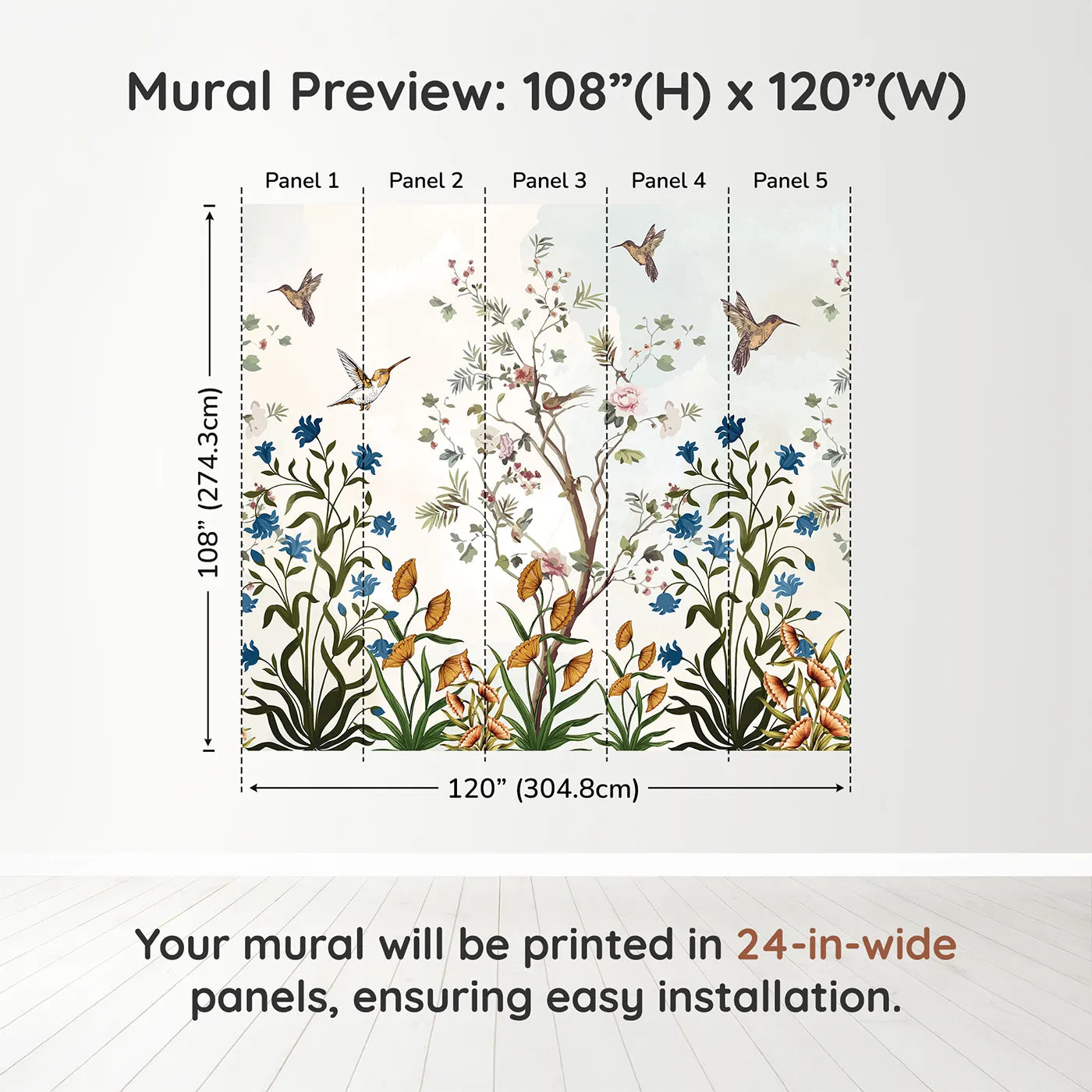Whimsy Tots Chinoiserie Garden Wall Muraldimension view (108" H x 120" W). Printed in five 24-inch-wide panels. Gender-Neutral