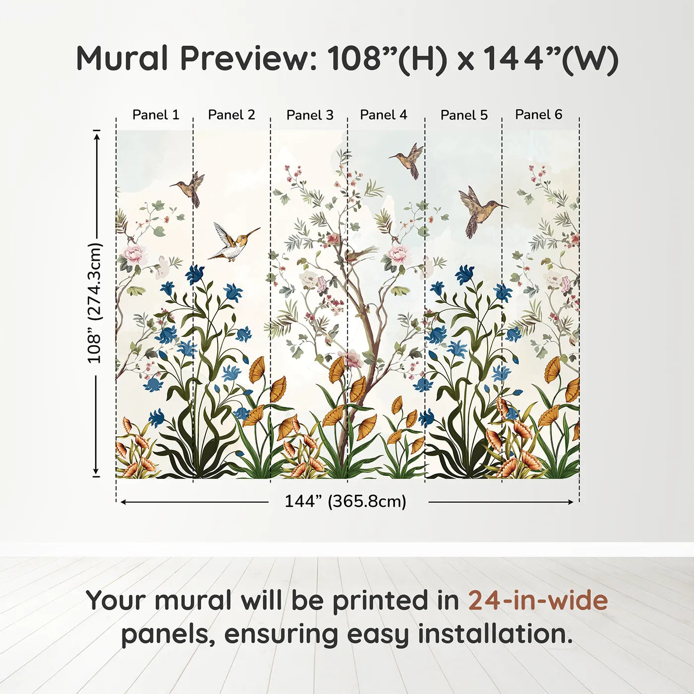 Whimsy Tots Chinoiserie Garden Wall Muraldimension view (108" H x 144" W). Printed in six 24-inch-wide panels. Gender-Neutral