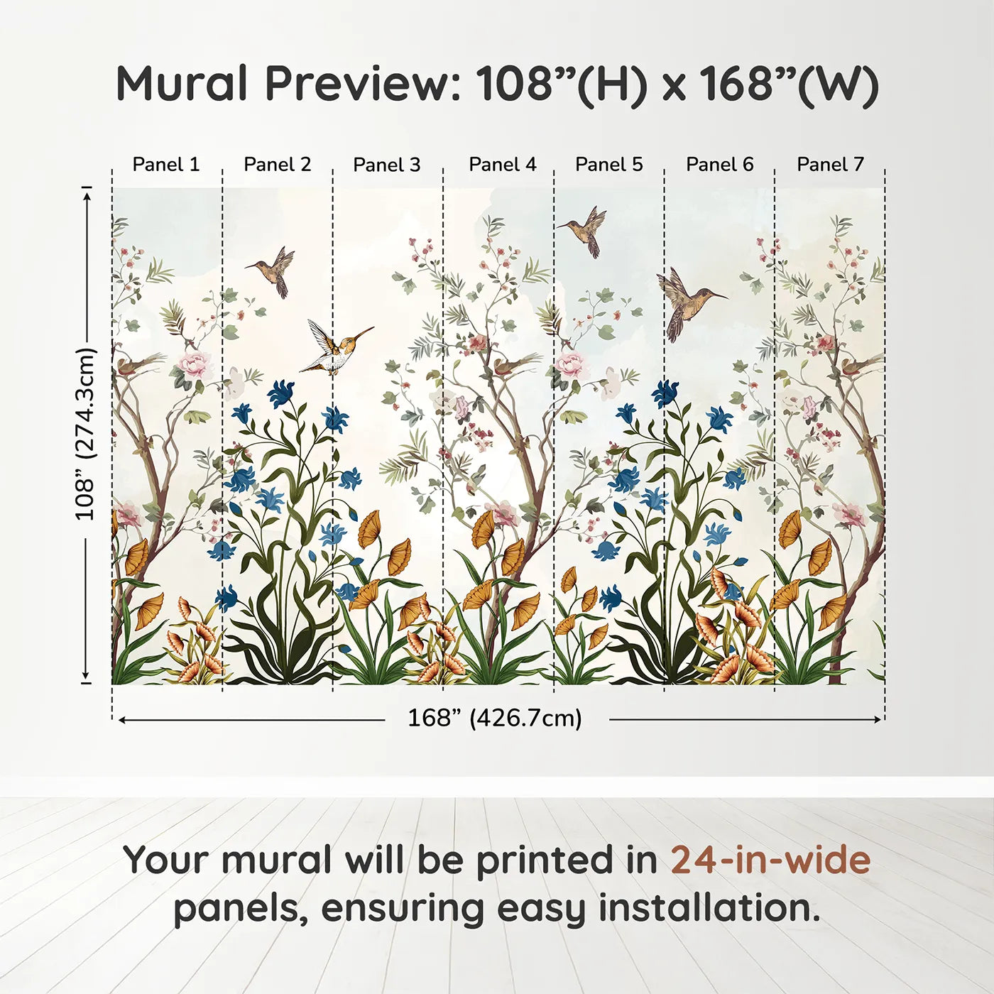 Whimsy Tots Chinoiserie Garden Wall Muraldimension view (108" H x 168" W). Printed in seven 24-inch-wide panels. Gender-Neutral