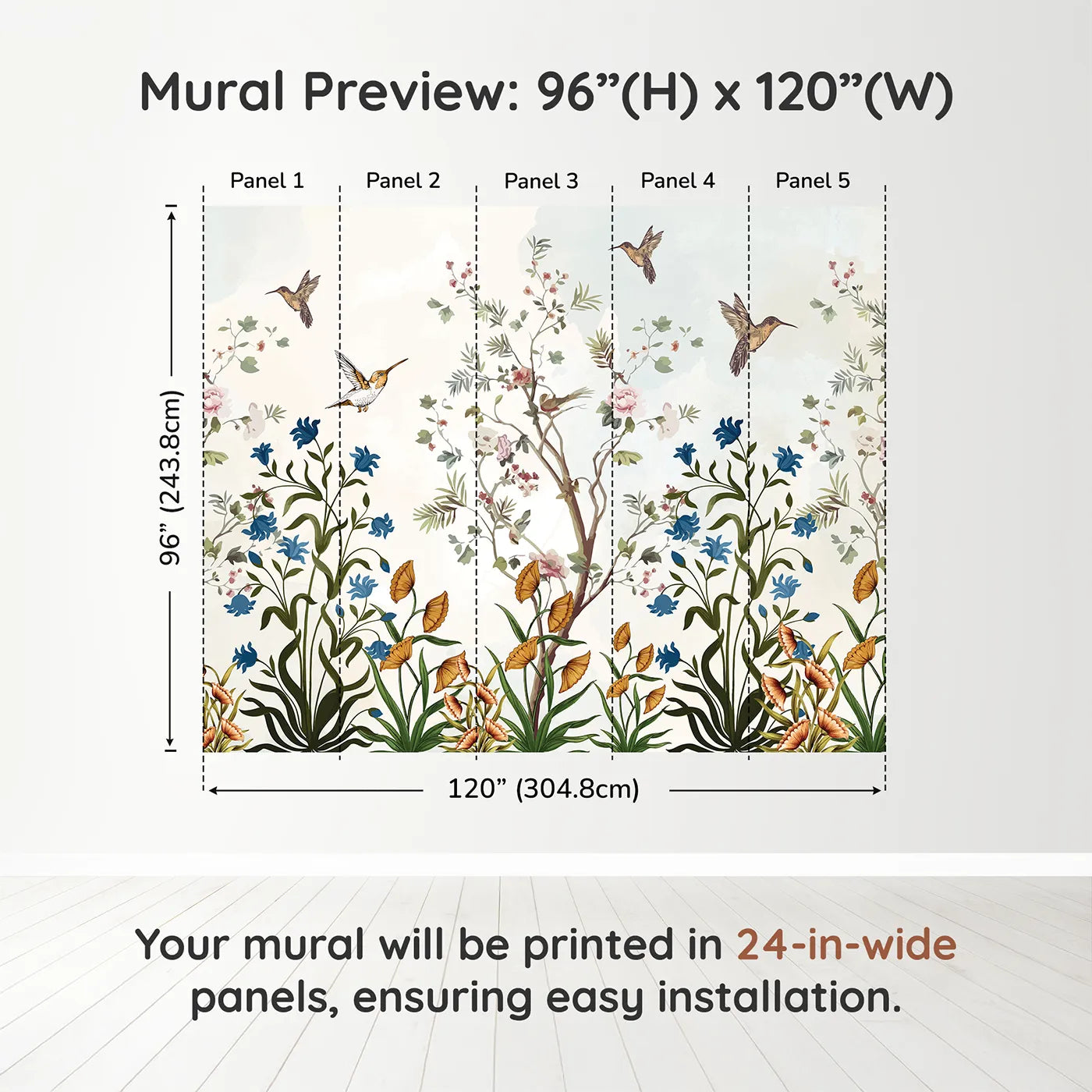 Whimsy Tots Chinoiserie Garden Wall Muraldimension view (96" H x 120" W). Printed in five 24-inch-wide panels. Gender-Neutral