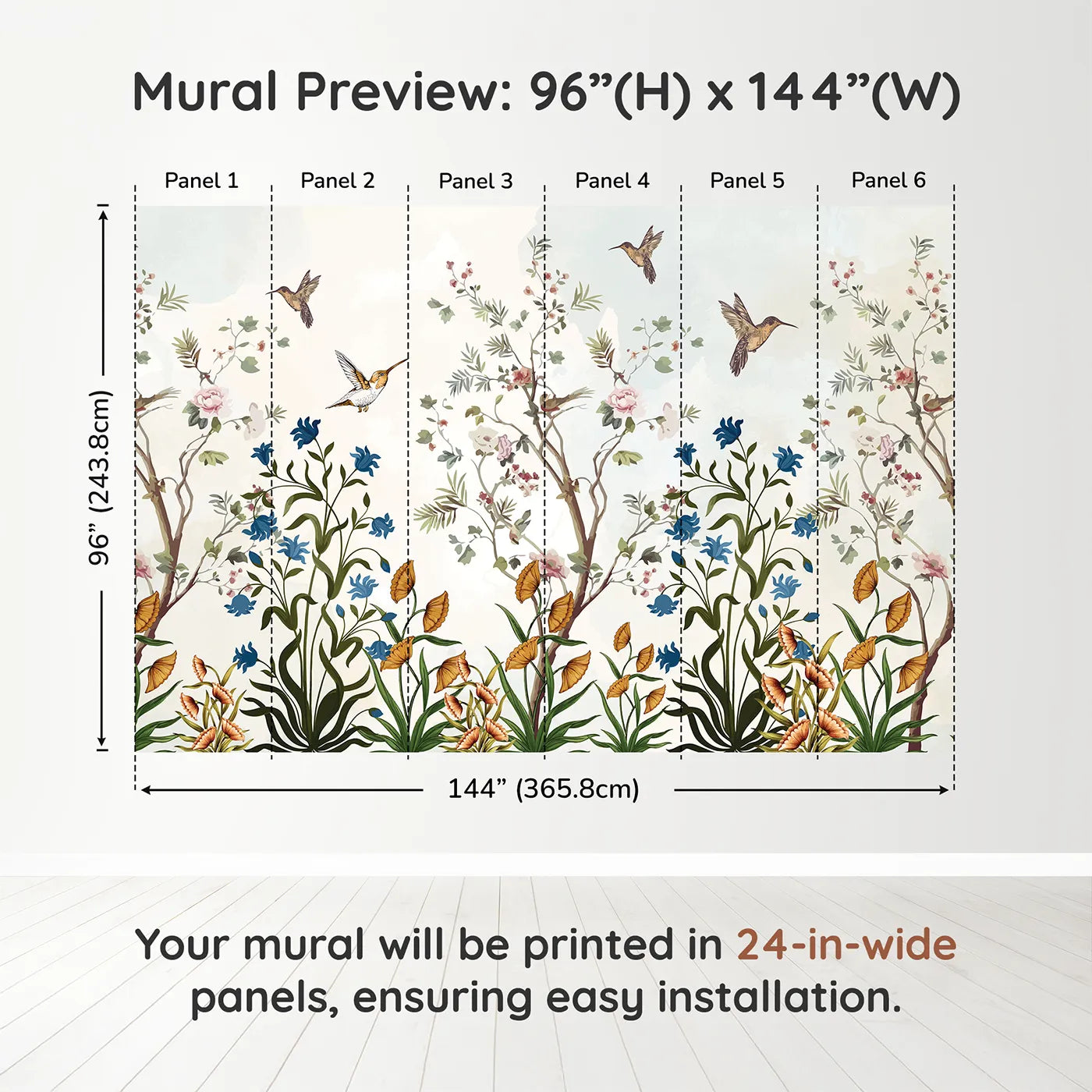 Whimsy Tots Chinoiserie Garden Wall Muraldimension view (96" H x 144" W). Printed in six 24-inch-wide panels. Gender-Neutral