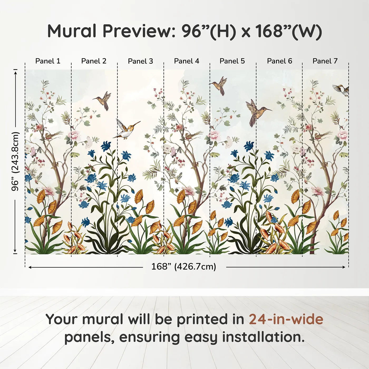 Whimsy Tots Chinoiserie Garden Wall Muraldimension view (96" H x 168" W). Printed in seven 24-inch-wide panels. Gender-Neutral