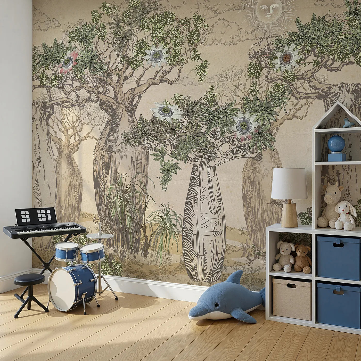 Angled view of Whimsy Tots' Enchanted Baobab Grove Wall Mural (Turn Their Room into a Magical, Otherworldly Forest).Gender-Neutral