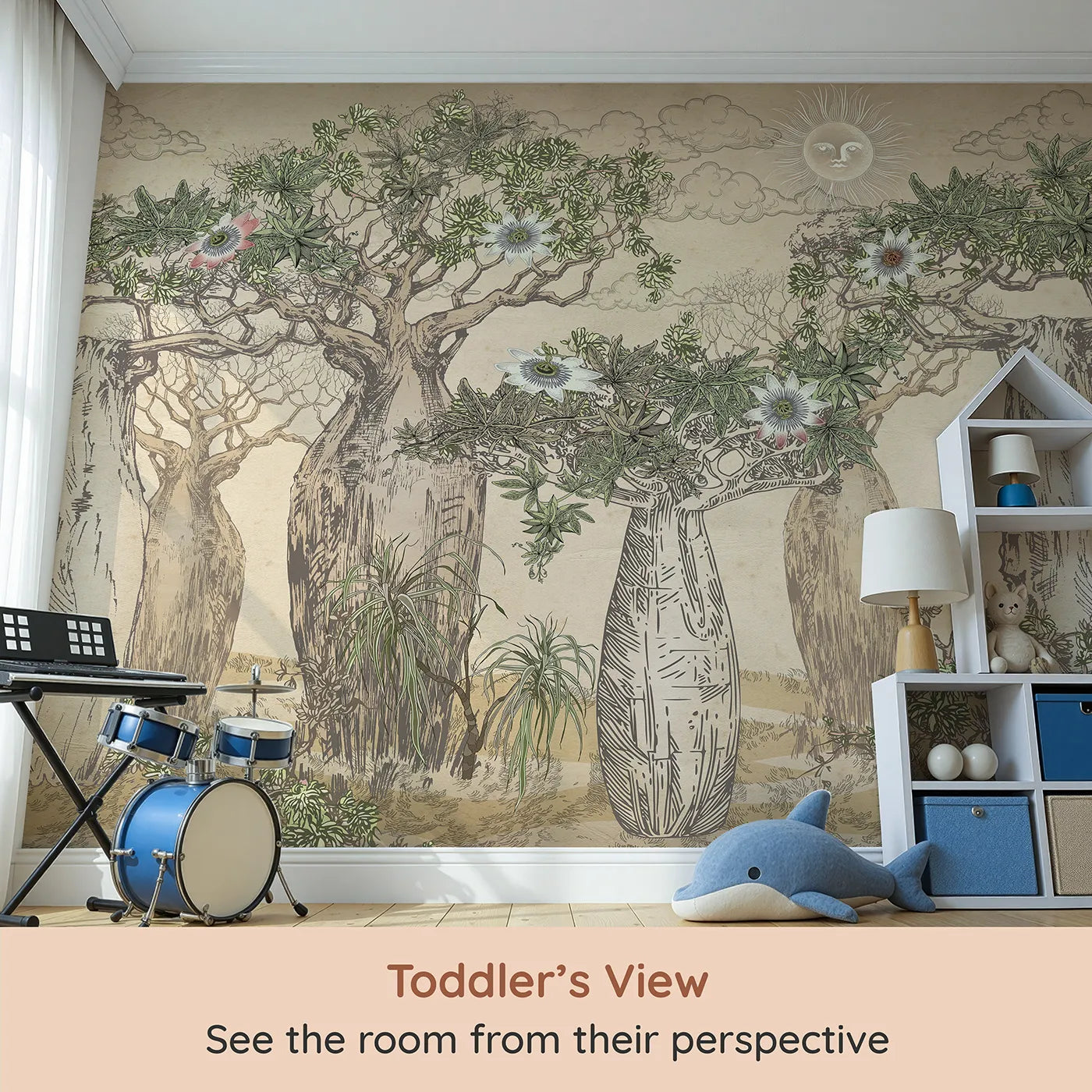 Whimsy Tots Enchanted Baobab Grove Wall Mural (Turn Their Room into a Magical, Otherworldly Forest) from your child's view.Gender-Neutral