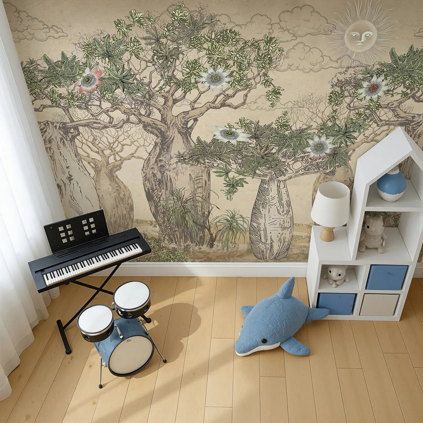 Top-down view of Whimsy Tots' Enchanted Baobab Grove Wall Mural (Turn Their Room into a Magical, Otherworldly Forest).Gender-Neutral