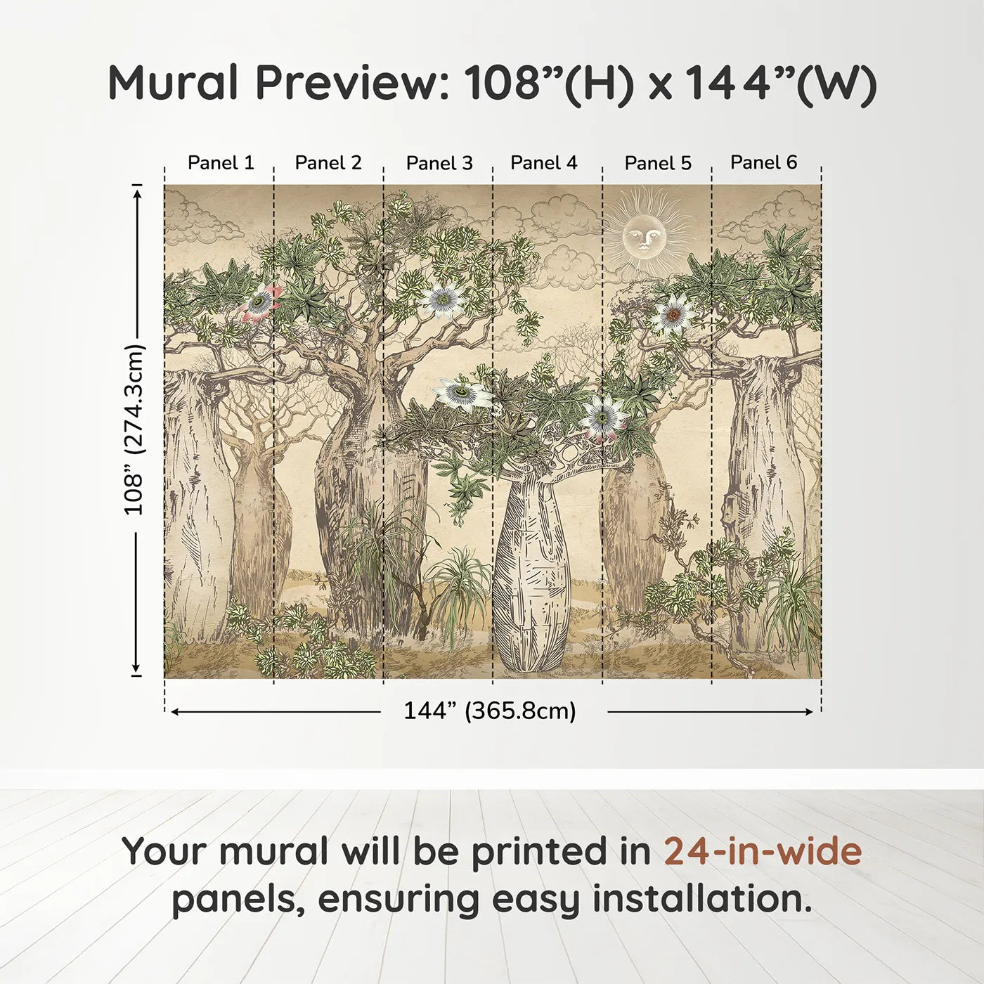 Whimsy Tots Enchanted Baobab Grove Wall Muraldimension view (108" H x 144" W). Printed in six 24-inch-wide panels. Gender-Neutral