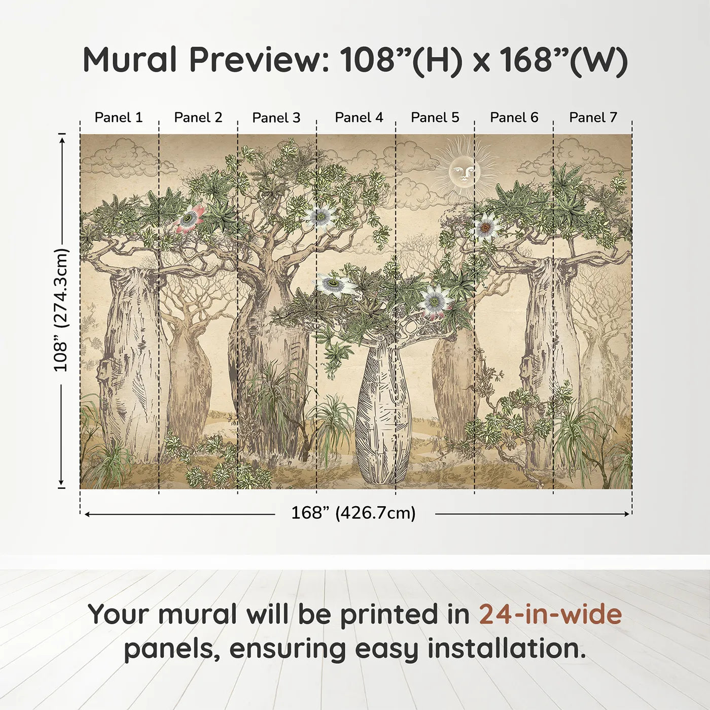 Whimsy Tots Enchanted Baobab Grove Wall Muraldimension view (108" H x 168" W). Printed in seven 24-inch-wide panels. Gender-Neutral
