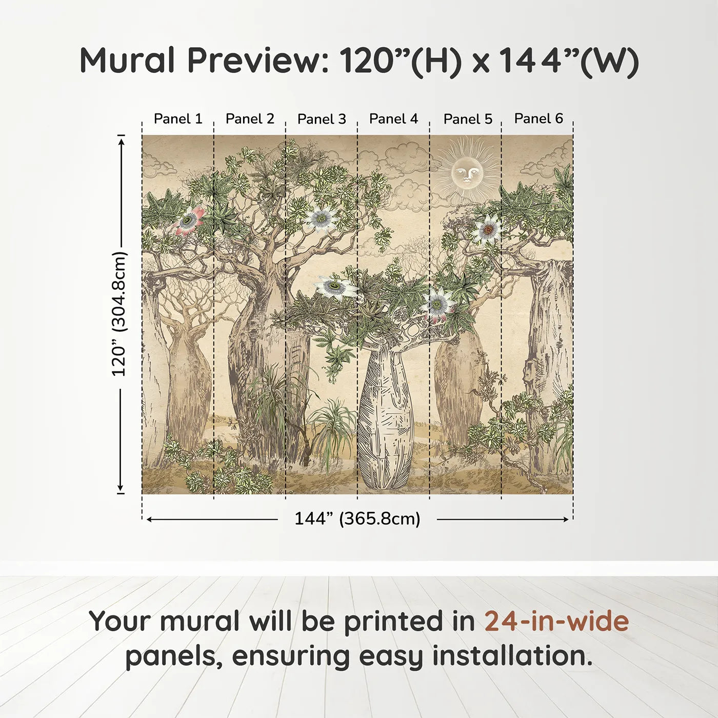 Whimsy Tots Enchanted Baobab Grove Wall Muraldimension view (120" H x 144" W). Printed in six 24-inch-wide panels. Gender-Neutral