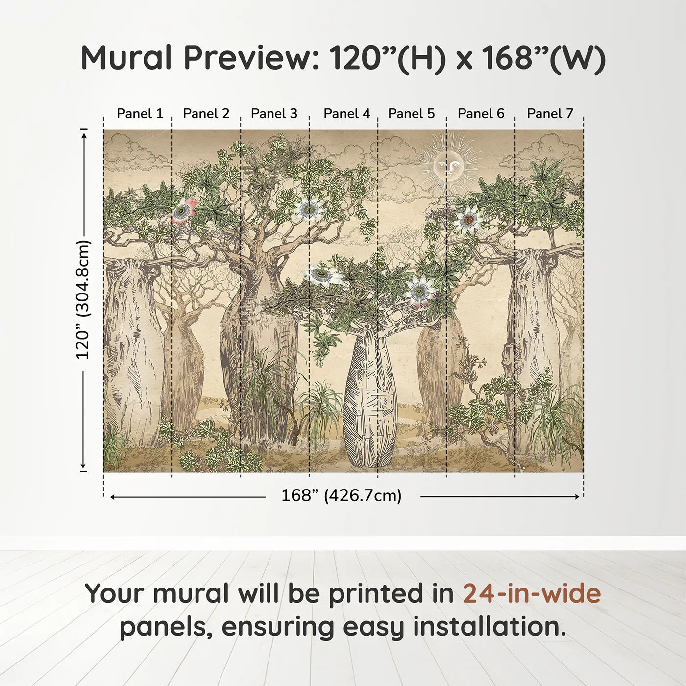 Whimsy Tots Enchanted Baobab Grove Wall Muraldimension view (120" H x 168" W). Printed in seven 24-inch-wide panels. Gender-Neutral