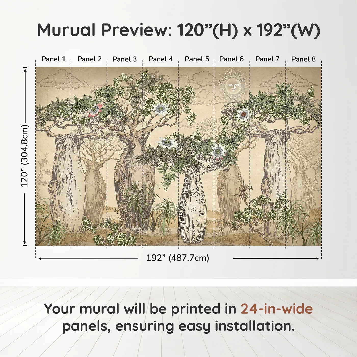 Whimsy Tots Enchanted Baobab Grove Wall Muraldimension view (120" H x 192" W). Printed in eight 24-inch-wide panels. Gender-Neutral