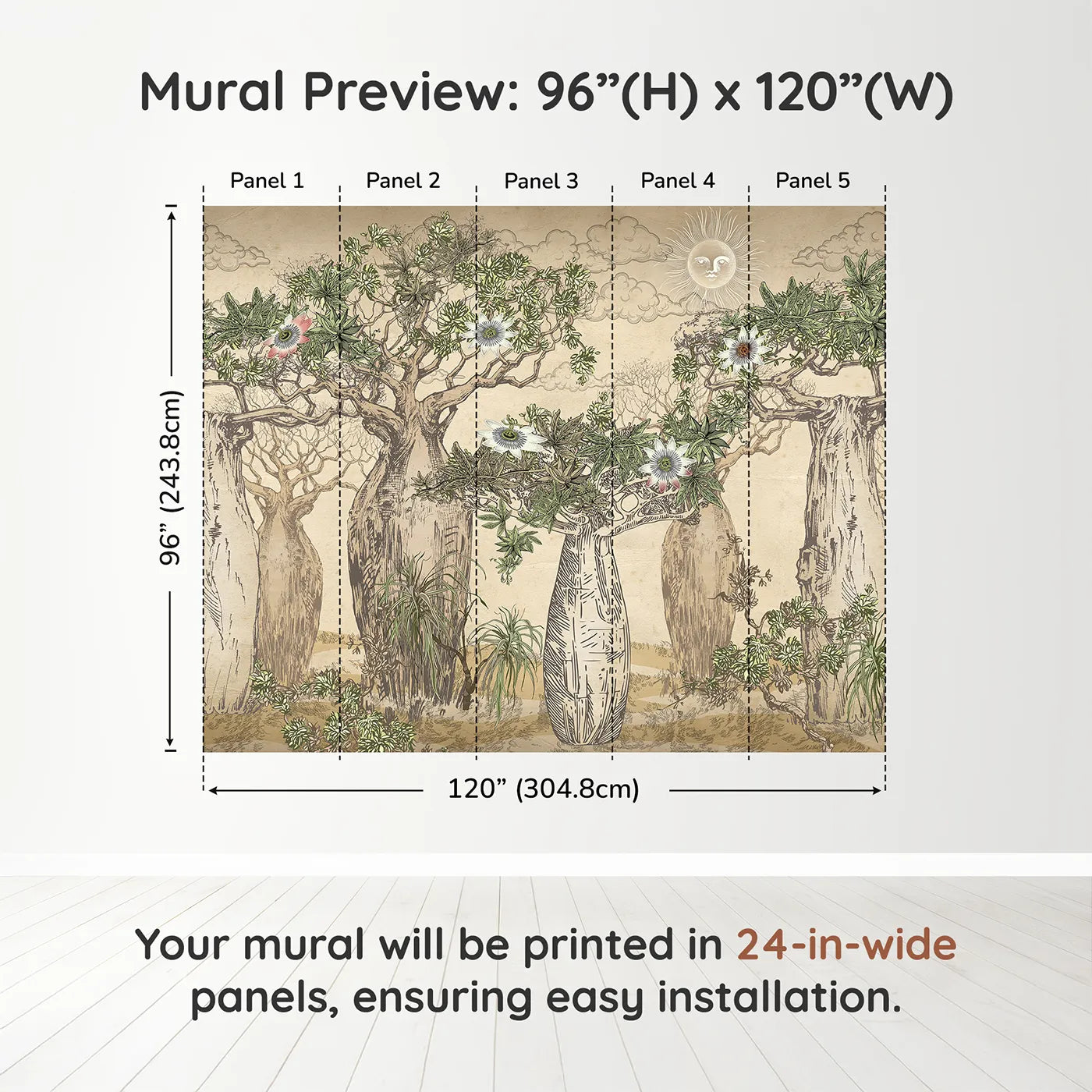 Whimsy Tots Enchanted Baobab Grove Wall Muraldimension view (96" H x 120" W). Printed in five 24-inch-wide panels. Gender-Neutral