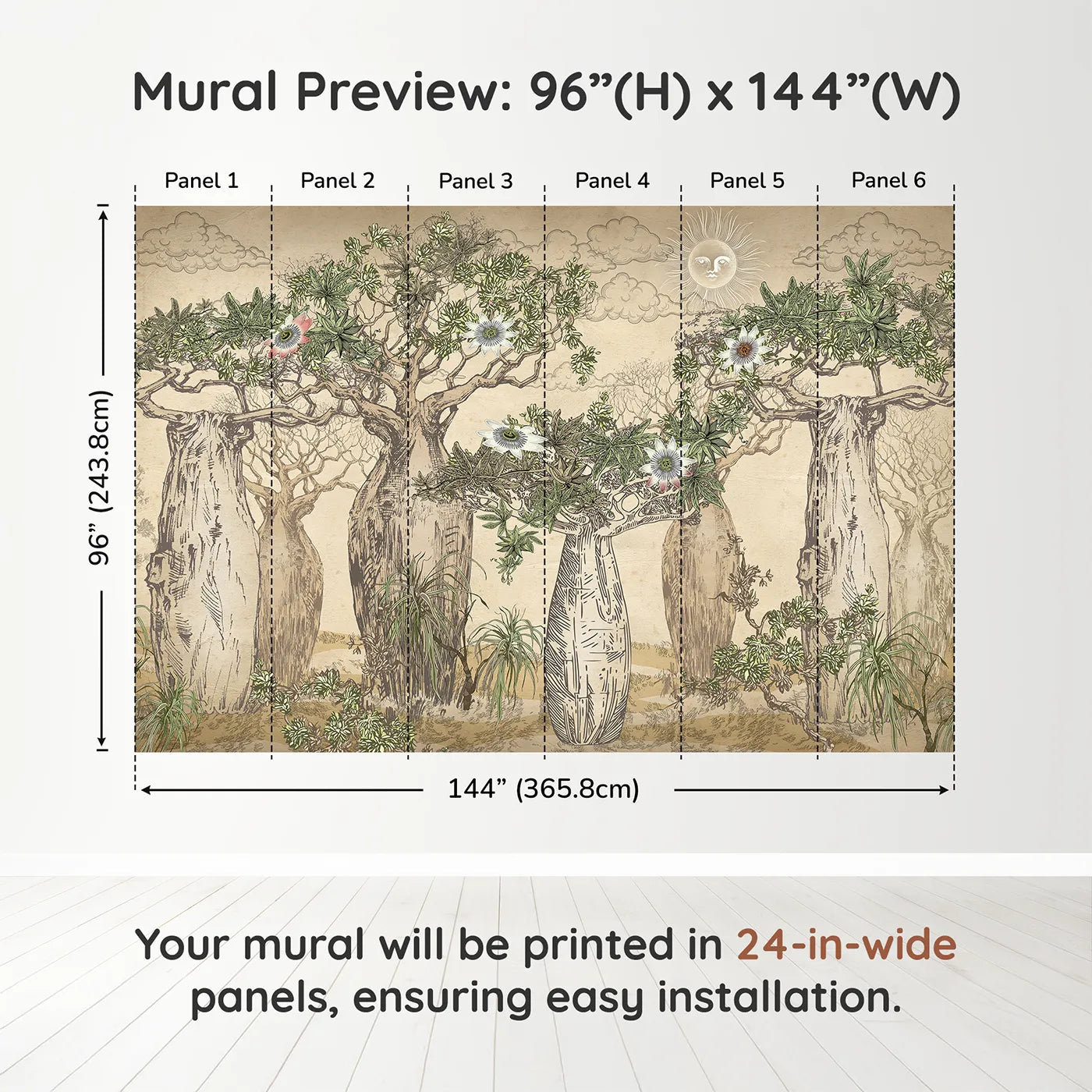 Whimsy Tots Enchanted Baobab Grove Wall Muraldimension view (96" H x 144" W). Printed in six 24-inch-wide panels. Gender-Neutral