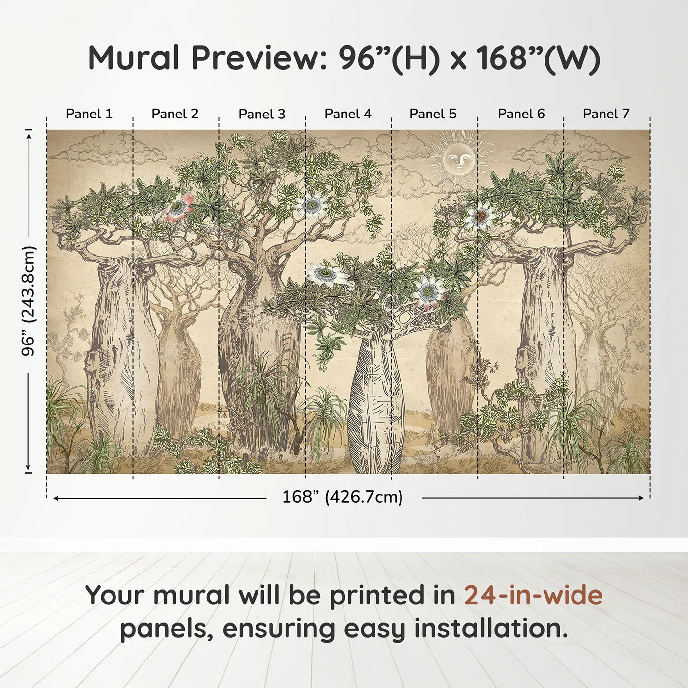 Whimsy Tots Enchanted Baobab Grove Wall Muraldimension view (96" H x 168" W). Printed in seven 24-inch-wide panels. Gender-Neutral