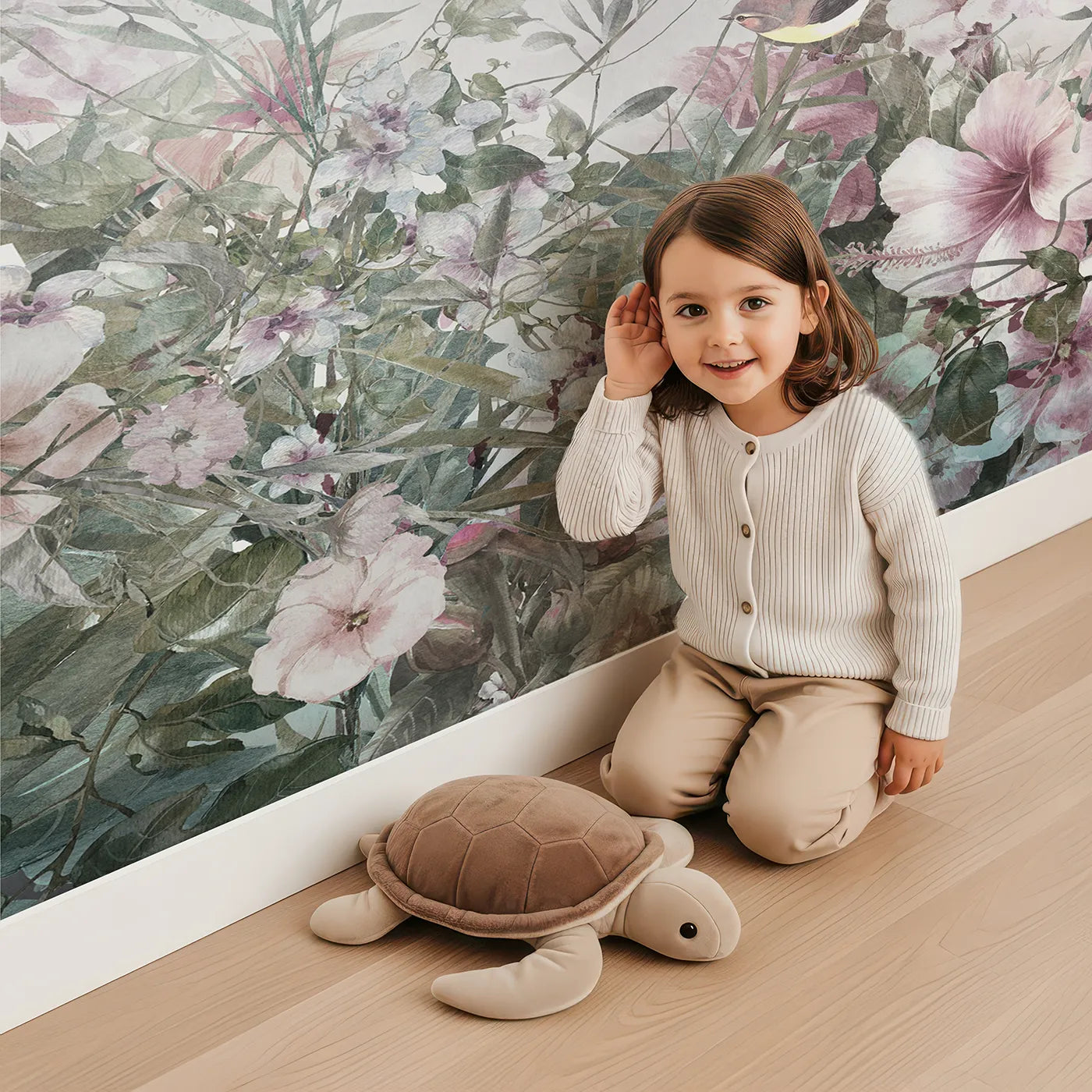 Child in front of Whimsy Tots Faded Floral Wall Mural with flower, floral, vintage, pink, gray, grunge, distressed, painterly in design.