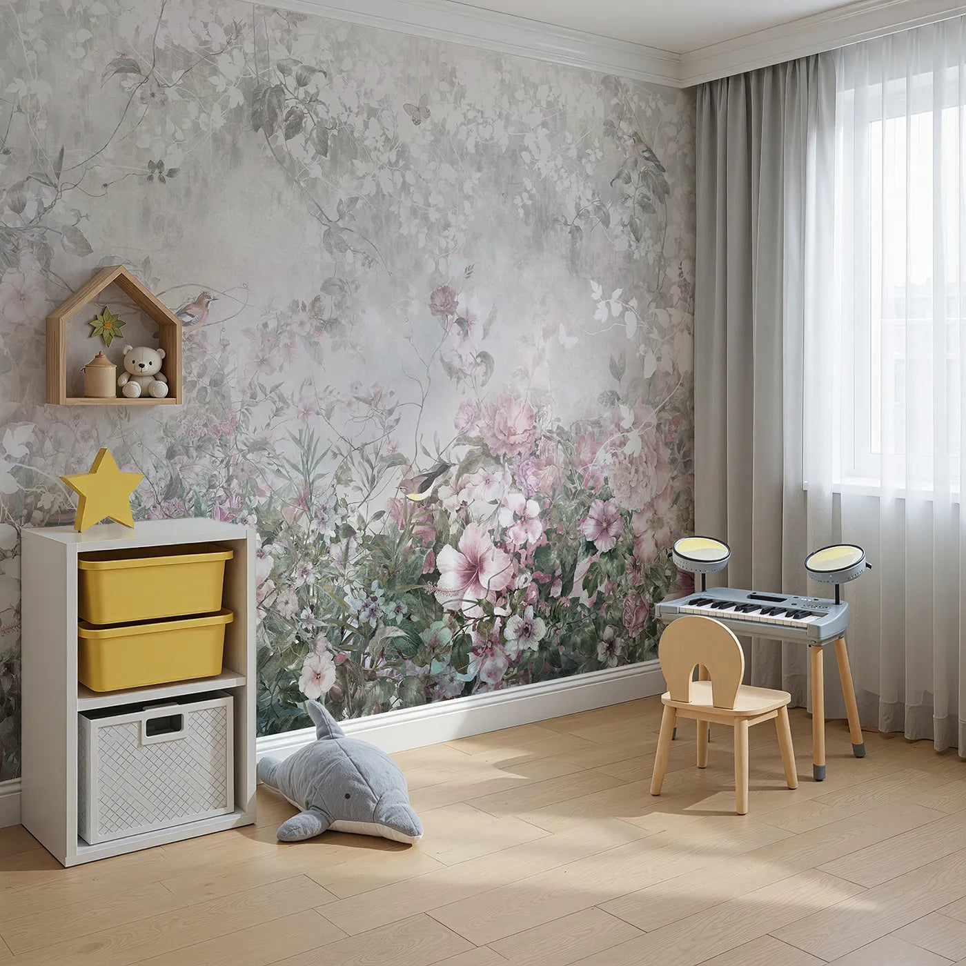 Angled view of Whimsy Tots' Faded Floral Wall Mural (Turn Their Room into a Dreamy, Overgrown Secret Garden).Gender-Neutral