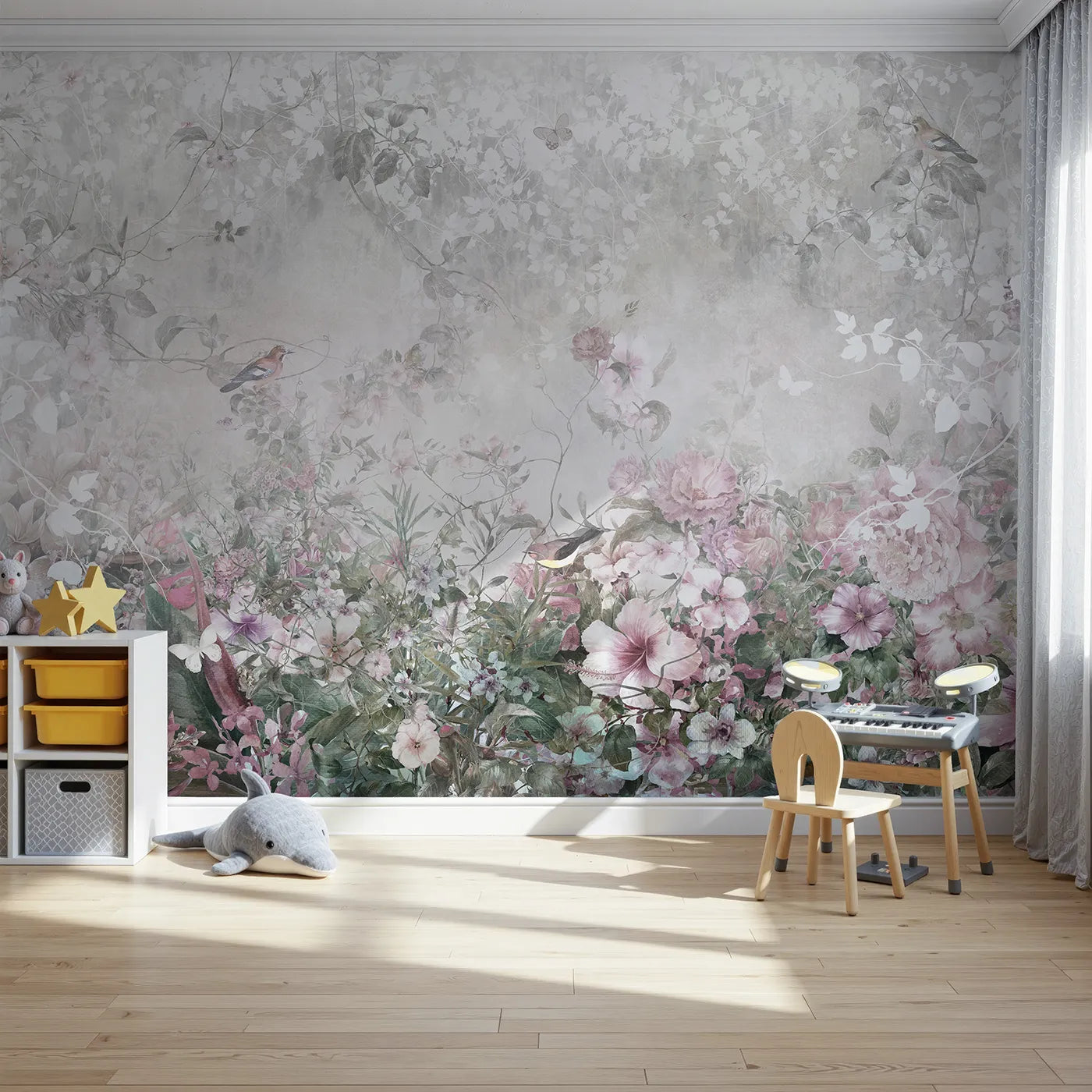 Front view of Whimsy Tots' Faded Floral Wall Mural