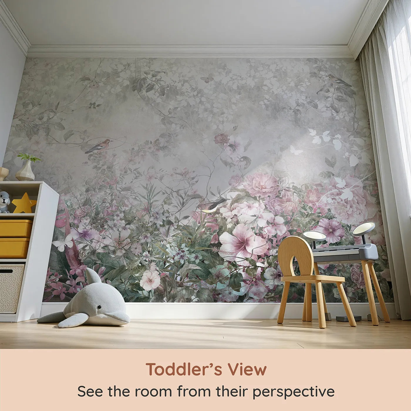 Whimsy Tots Faded Floral Wall Mural (Turn Their Room into a Dreamy, Overgrown Secret Garden) from your child's view.Gender-Neutral