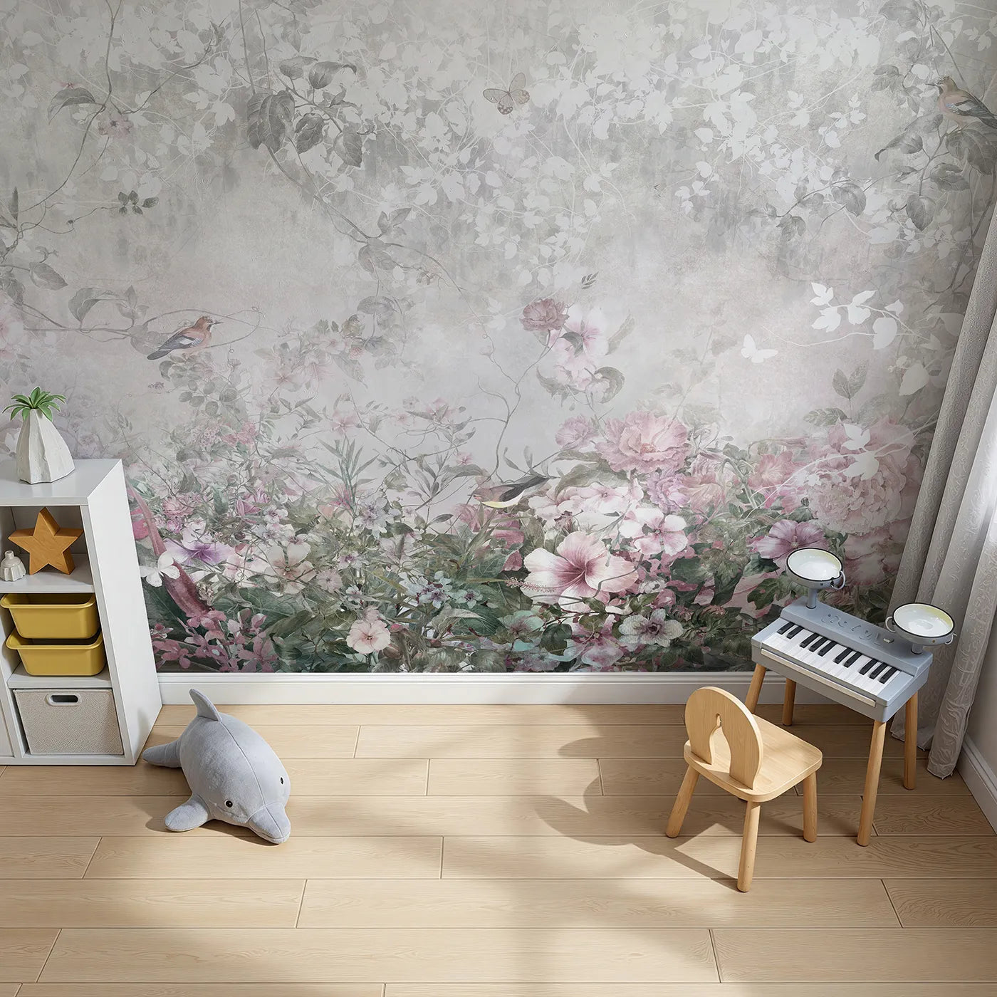 Top-down view of Whimsy Tots' Faded Floral Wall Mural (Turn Their Room into a Dreamy, Overgrown Secret Garden).Gender-Neutral