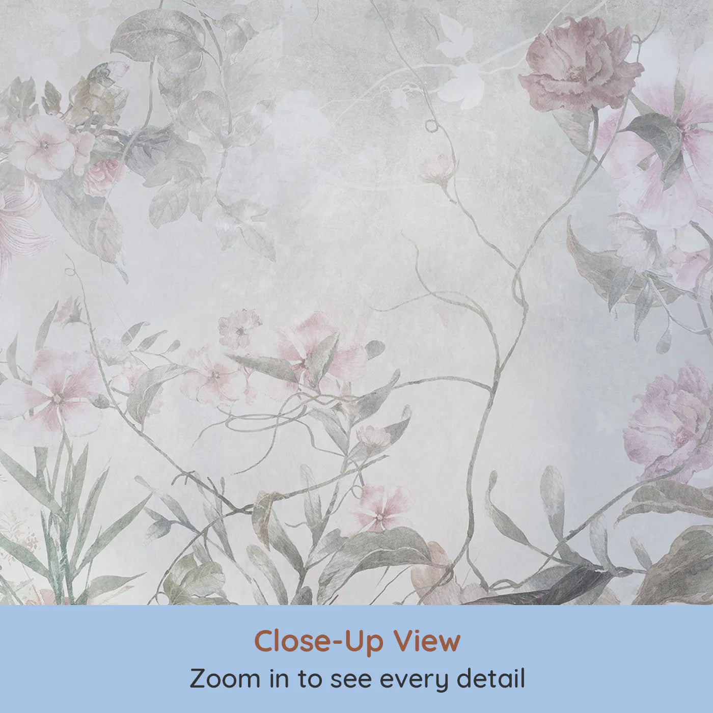 Close-up view of Whimsy Tots' Faded Floral Wall Mural (Turn Their Room into a Dreamy, Overgrown Secret Garden).Gender-Neutral