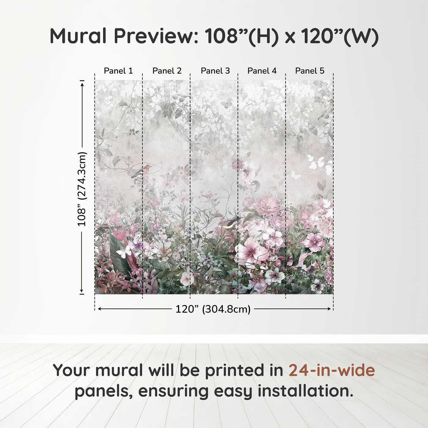 Whimsy Tots Faded Floral Wall Muraldimension view (108" H x 120" W). Printed in five 24-inch-wide panels. Gender-Neutral
