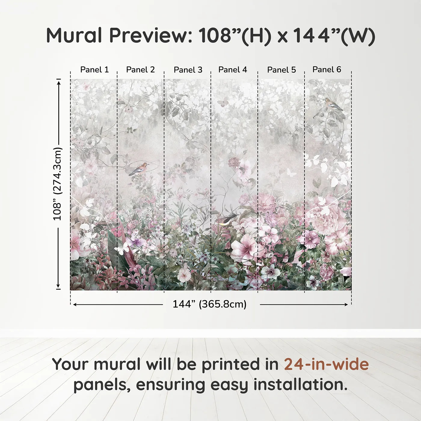 Whimsy Tots Faded Floral Wall Muraldimension view (108" H x 144" W). Printed in six 24-inch-wide panels. Gender-Neutral