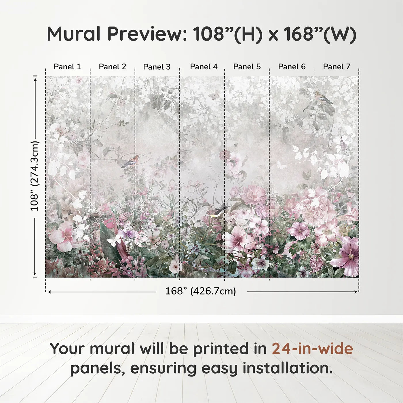 Whimsy Tots Faded Floral Wall Muraldimension view (108" H x 168" W). Printed in seven 24-inch-wide panels. Gender-Neutral