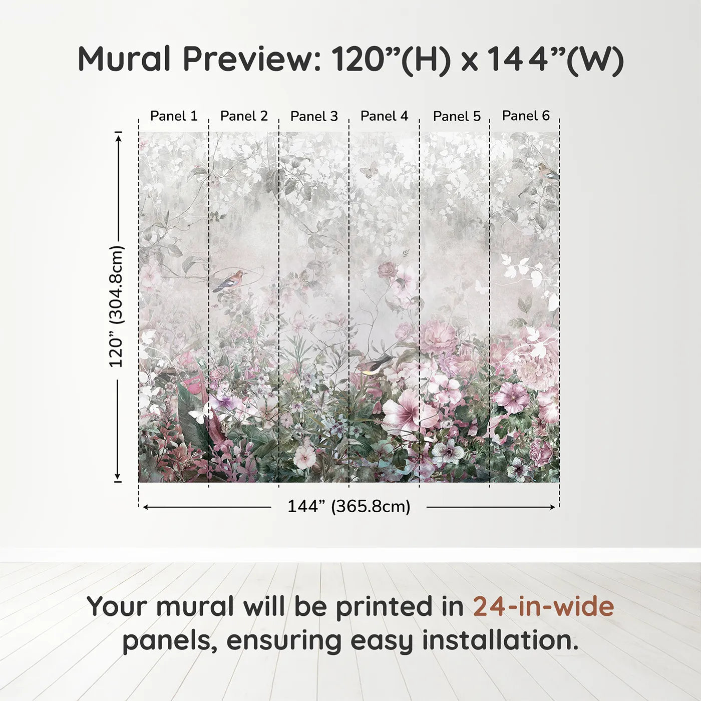 Whimsy Tots Faded Floral Wall Muraldimension view (120" H x 144" W). Printed in six 24-inch-wide panels. Gender-Neutral