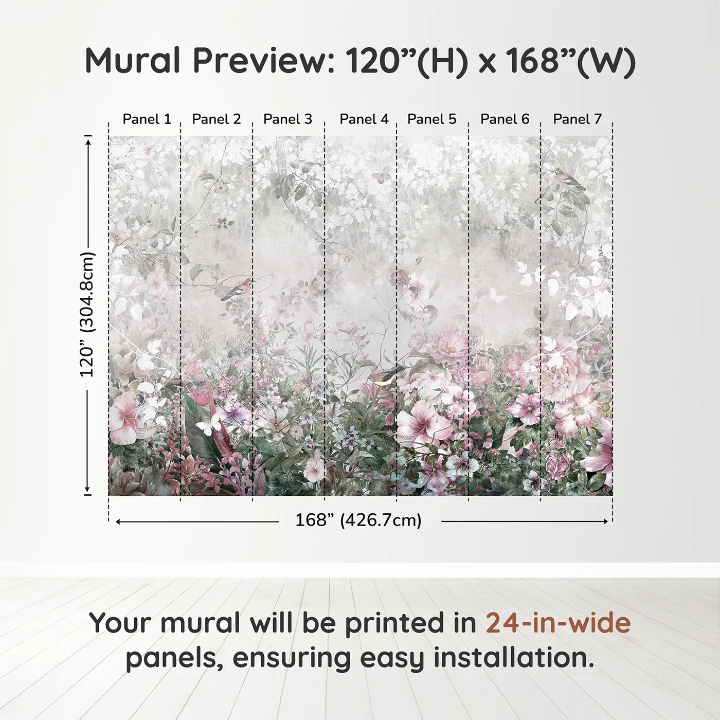 Whimsy Tots Faded Floral Wall Muraldimension view (120" H x 168" W). Printed in seven 24-inch-wide panels. Gender-Neutral