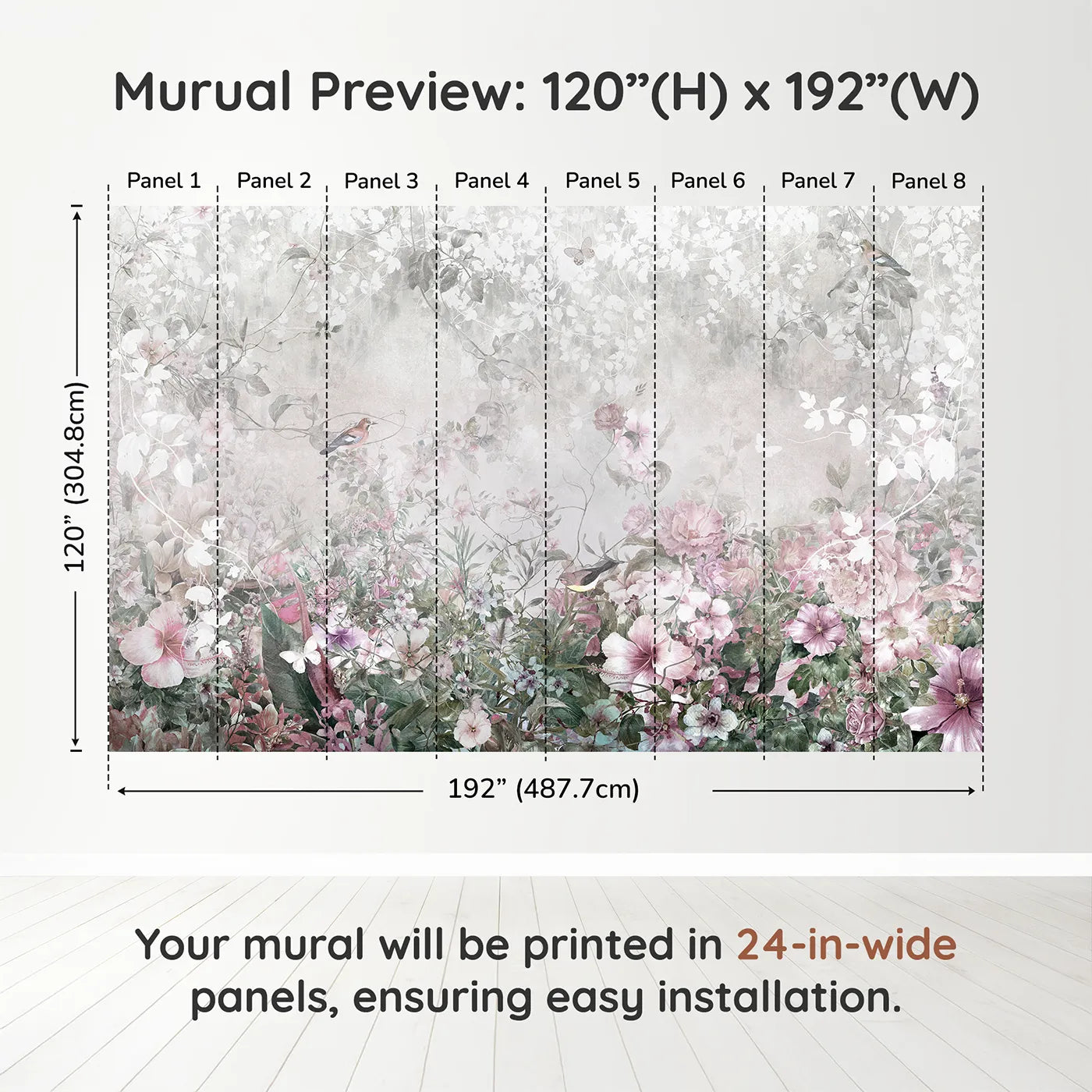 Whimsy Tots Faded Floral Wall Muraldimension view (120" H x 192" W). Printed in eight 24-inch-wide panels. Gender-Neutral