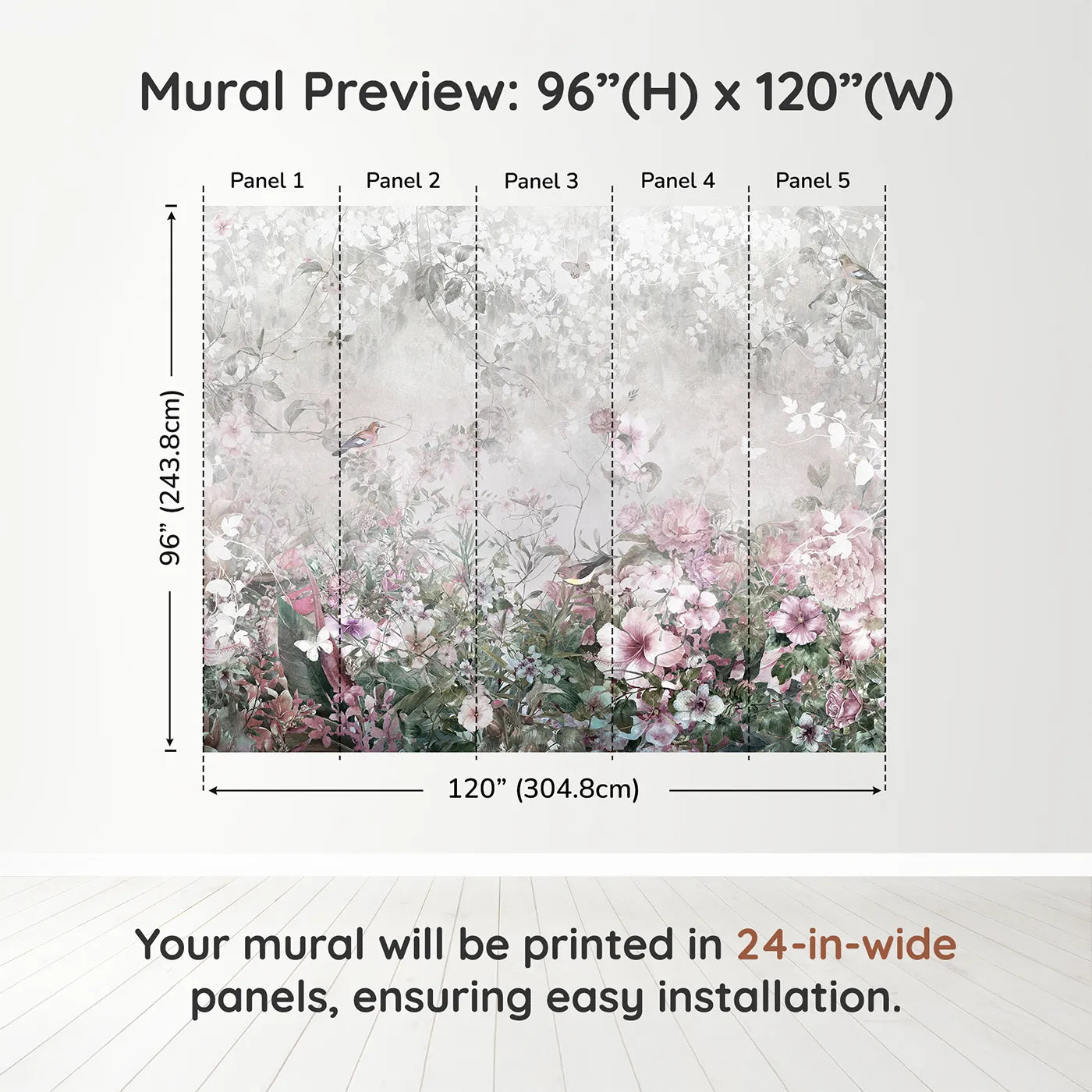 Whimsy Tots Faded Floral Wall Muraldimension view (96" H x 120" W). Printed in five 24-inch-wide panels. Gender-Neutral