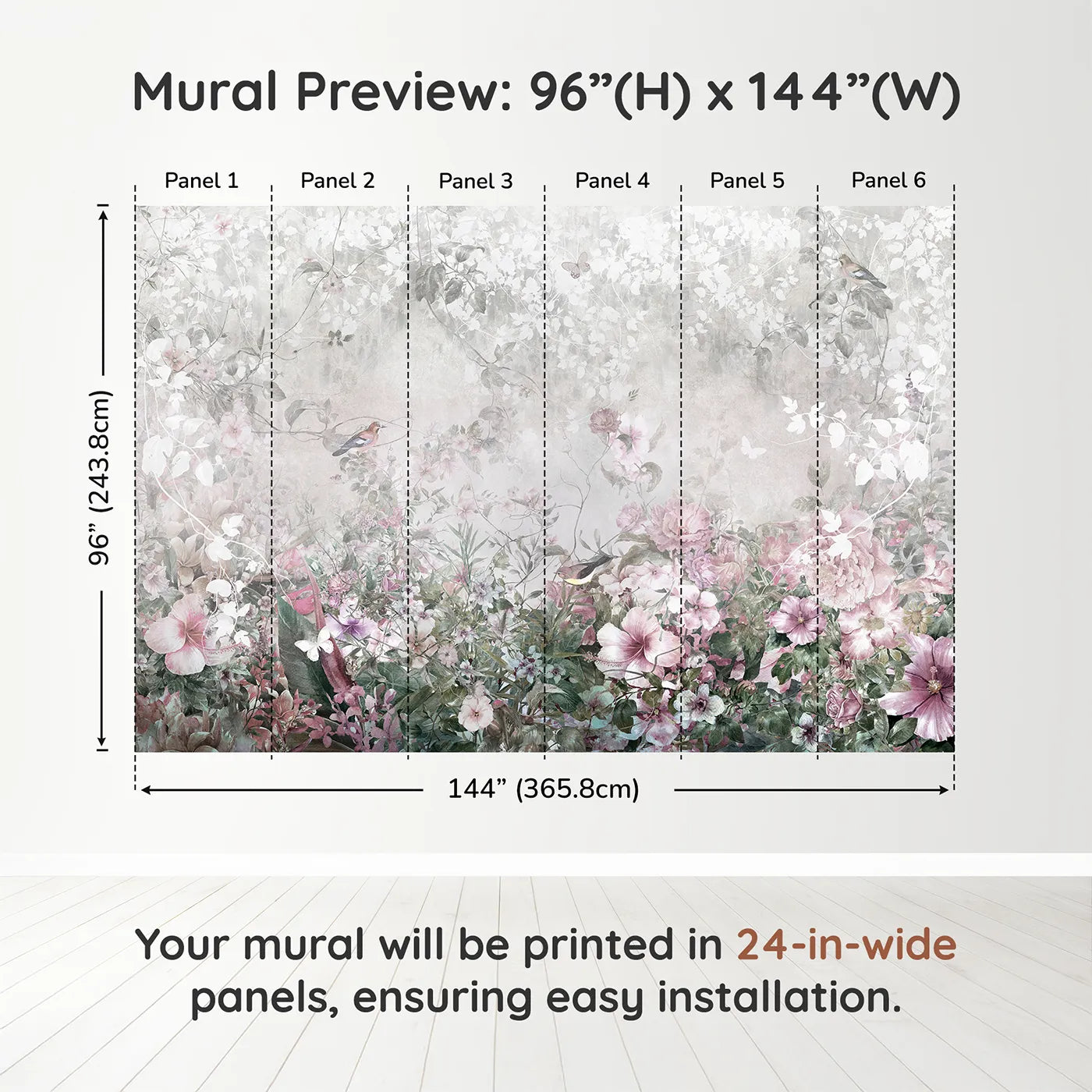 Whimsy Tots Faded Floral Wall Muraldimension view (96" H x 144" W). Printed in six 24-inch-wide panels. Gender-Neutral