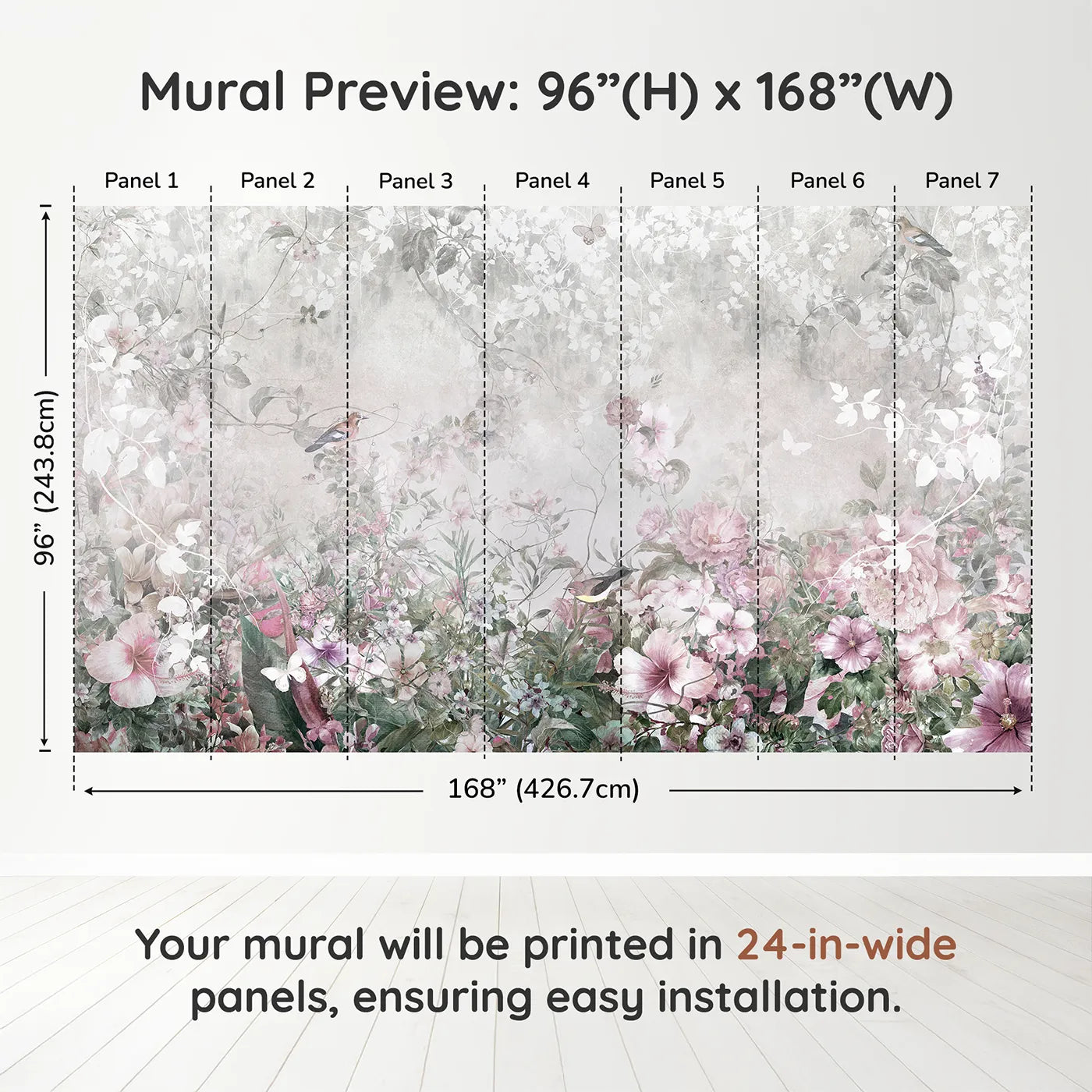 Whimsy Tots Faded Floral Wall Muraldimension view (96" H x 168" W). Printed in seven 24-inch-wide panels. Gender-Neutral