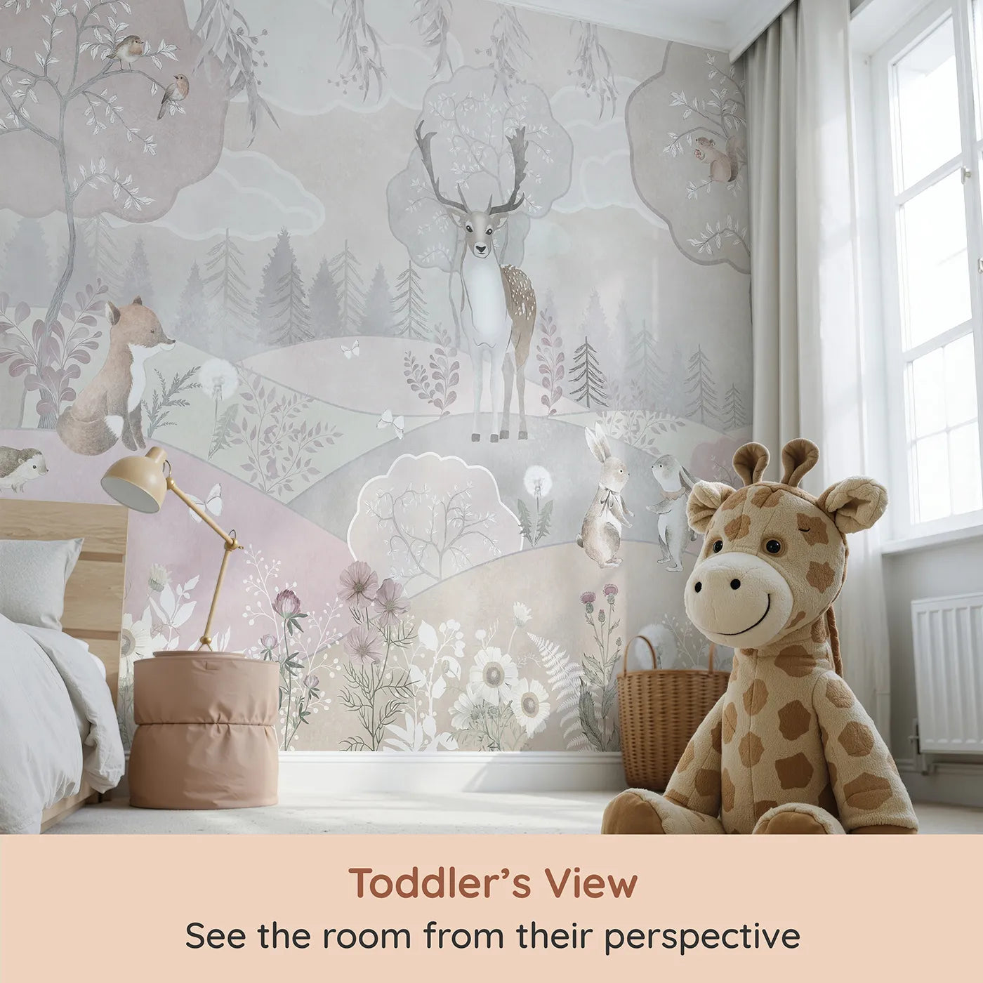 Whimsy Tots Dusty Rose Woodland Wall Mural (Turn Their Room into a Gentle, Enchanted Forest) from your child's view.Gender-Neutral