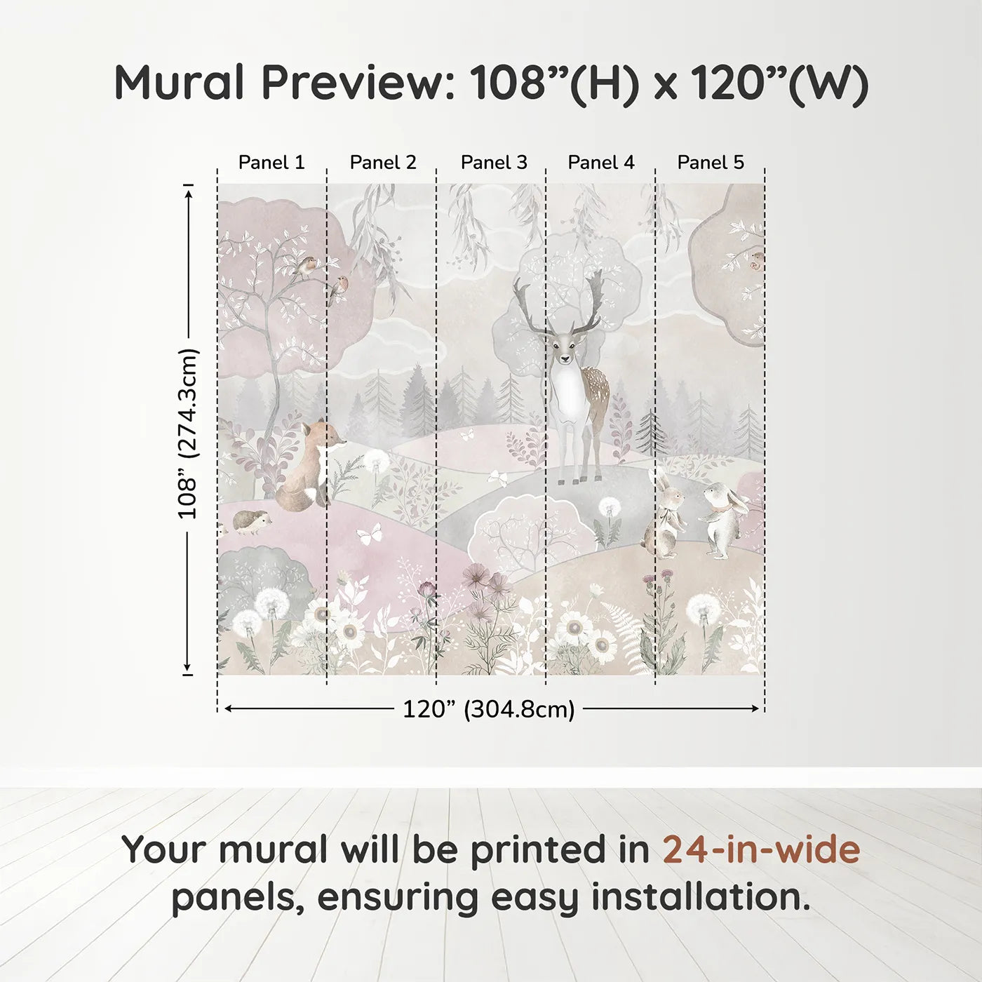 Whimsy Tots Dusty Rose Woodland Wall Muraldimension view (108" H x 120" W). Printed in five 24-inch-wide panels. Gender-Neutral