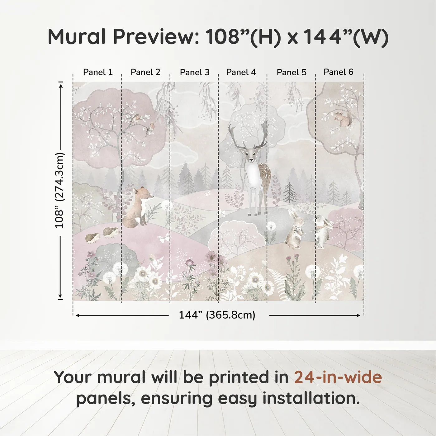 Whimsy Tots Dusty Rose Woodland Wall Muraldimension view (108" H x 144" W). Printed in six 24-inch-wide panels. Gender-Neutral