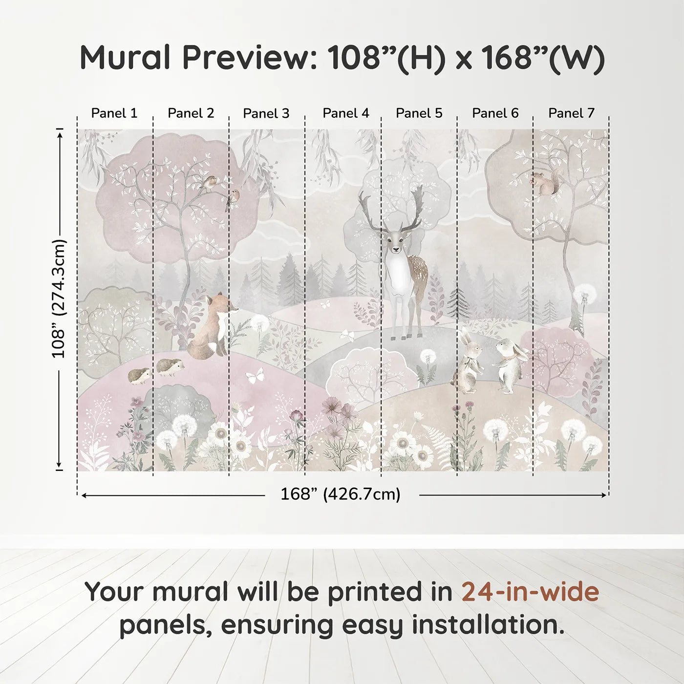 Whimsy Tots Dusty Rose Woodland Wall Muraldimension view (108" H x 168" W). Printed in seven 24-inch-wide panels. Gender-Neutral
